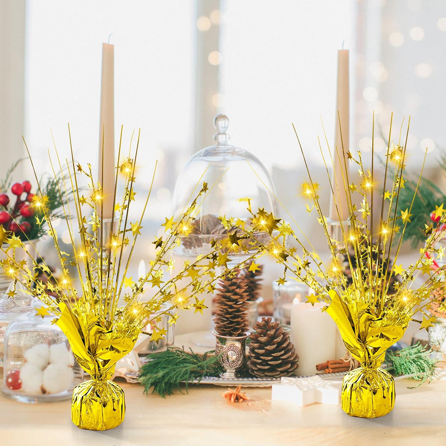 12 Pack Metallic Foil Spray Centerpiece with LED String Lights Star Table Decoration Burst Table Centerpieces for Birthday Graduation Wedding Anniversary Holiday Party Supplies Decor, Gold