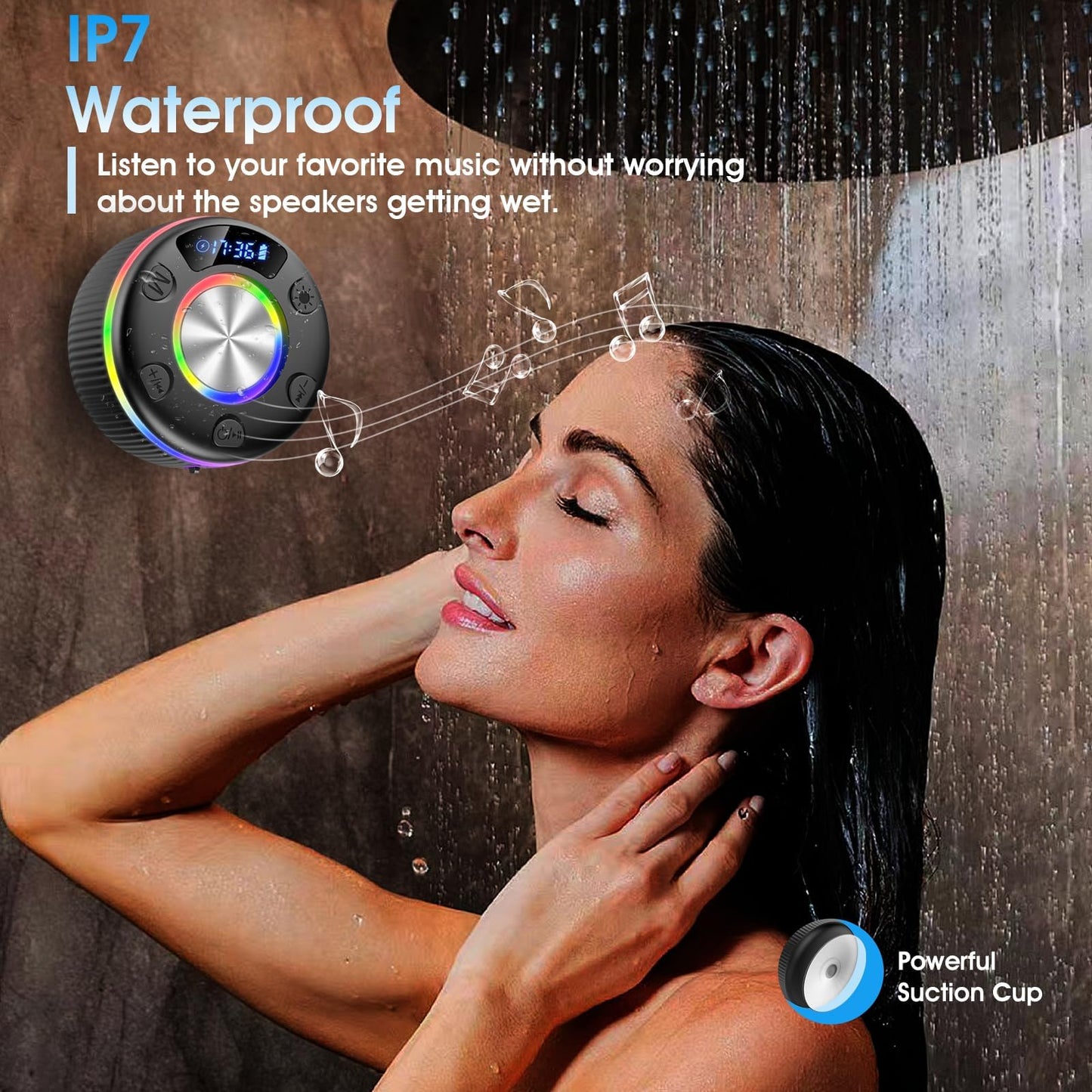 Bluetooth Shower Speaker, IP7 Waterproof Portable Bluetooth 5.3 Speakers with Suction Cup, Mini Wireless Speaker with RGB Lights Time Display, Loud Stereo Sound for Bathroom Beach Travel Outdoor Party