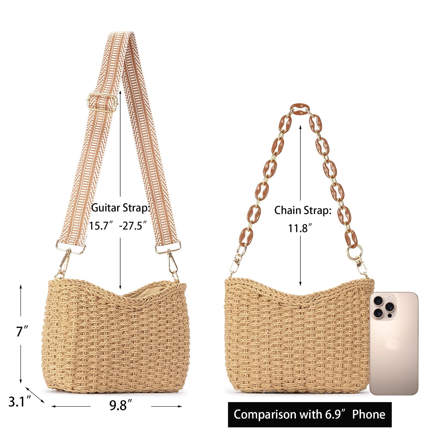 Herald Small Handmade Straw Crossbody Bag for Women, Summer Chic Woven Handbag Shoulder Purse with Chain & Guitar Strap (Coffee)
