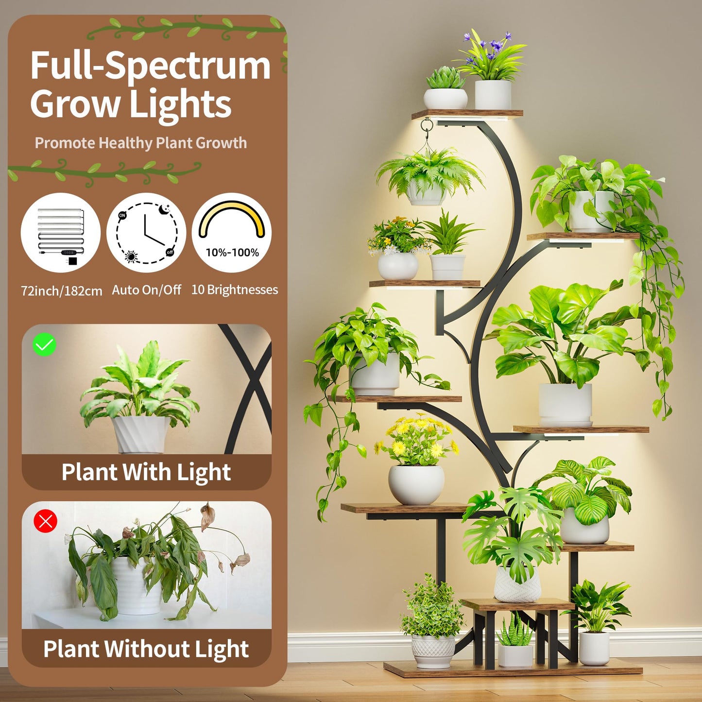 Plant Stand Indoor with Grow Light: Lighted Plant Stands 54.6" Tall, 9 Tiered Large Plant Shelf for Indoor Growing, S-Shaped Flower Holder Display for Multiple Plants, Living Room, Patio (Black)
