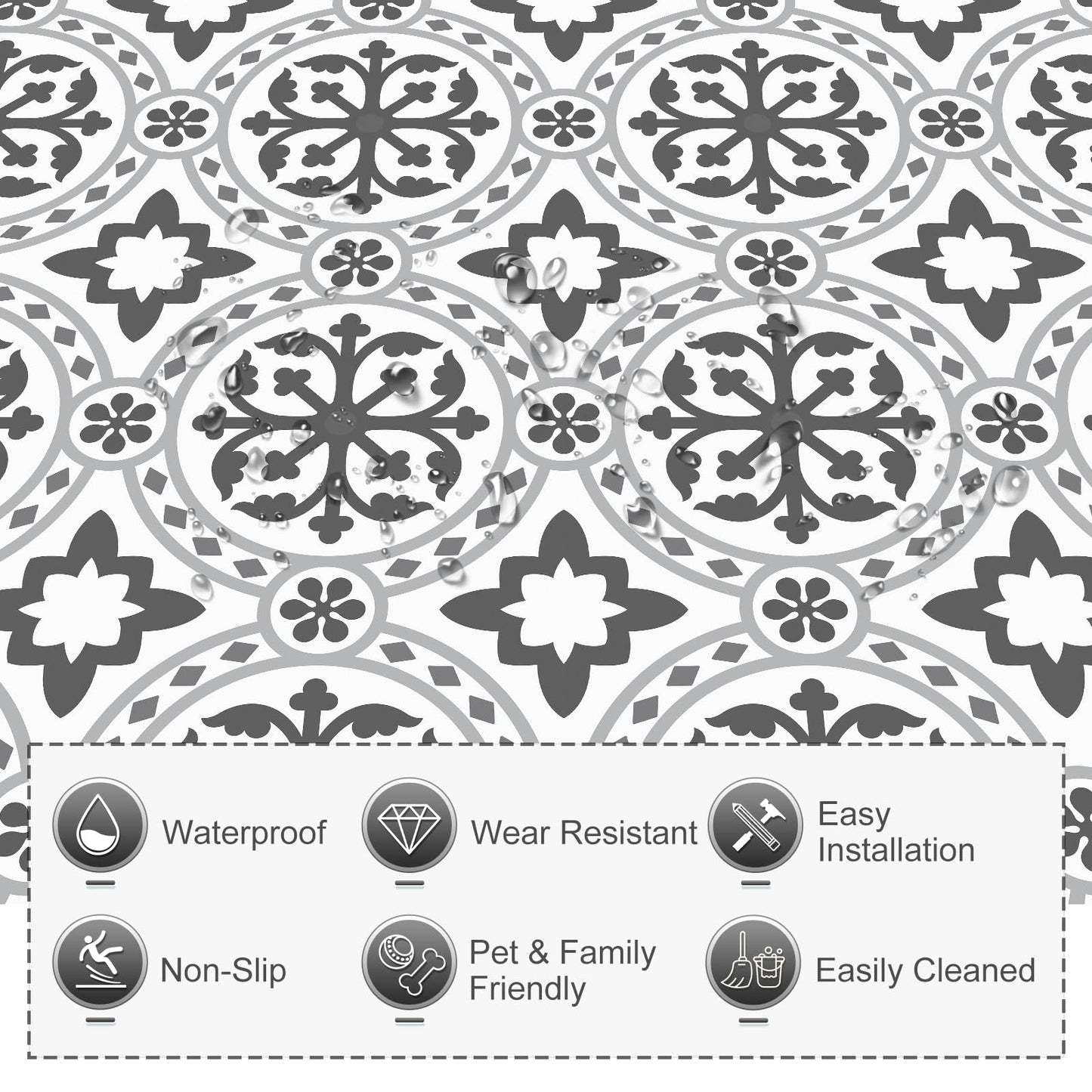 MORCART Peel and Stick Floor Tile - 20 PCS, 11.8" x 11.8" Vinyl Flooring - Waterproof Self-Adhesive Floor Tile for Bathroom, Kitchen, Living Room, Bedroom - White & Gray Retro Floral Look