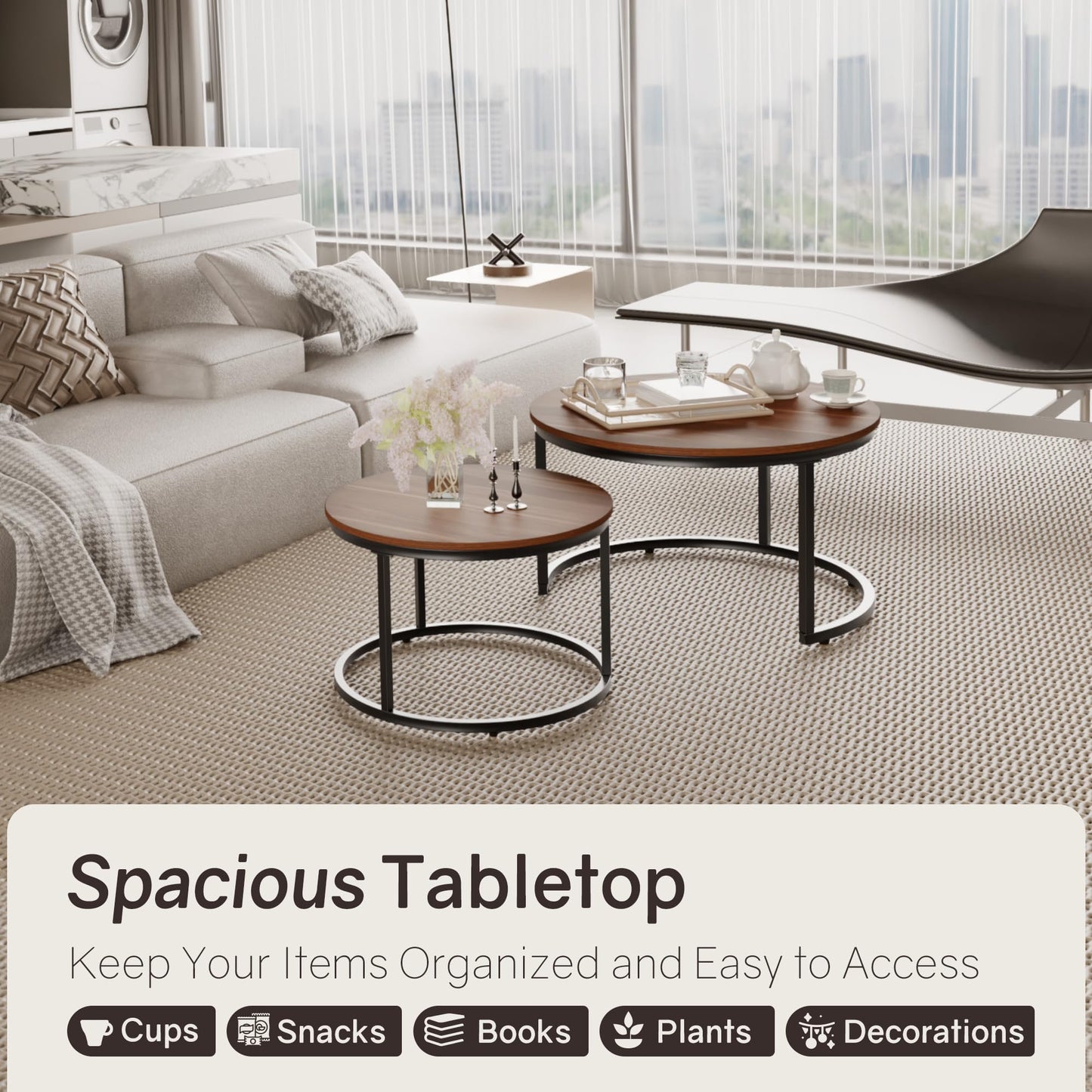 Otterease Nesting Tables Set of 2, 31.5" Round Coffee Table, Small Nesting Coffee Table with Adjustable Non-Slip Fee, Wood Grain Top Nesting Tables for Living Room, Bedroom (Wood Grain Brown)