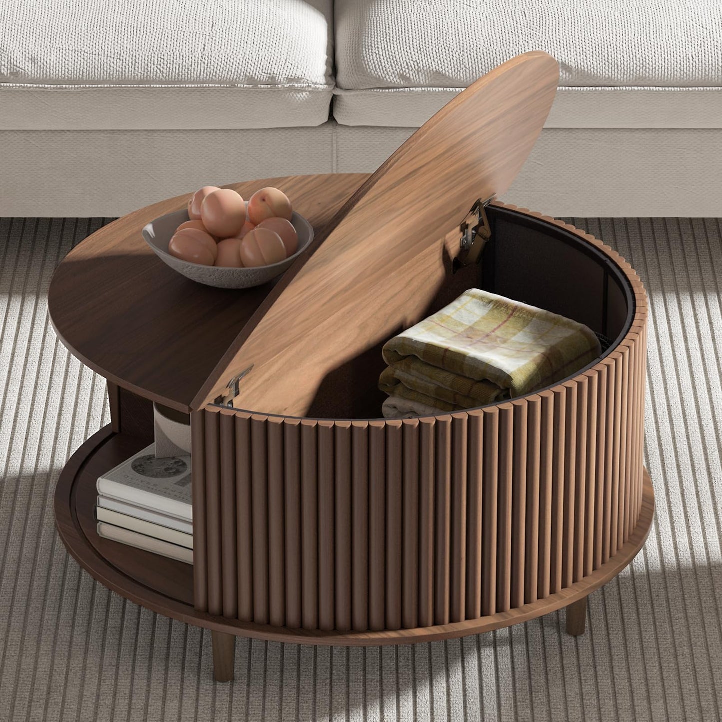 JOINICE,Round Coffee Table with Storage,Fluted Center Table with Sliding Cabinet Door for Living Room,Home Small Space,31.5" Small Center Table,Walnut