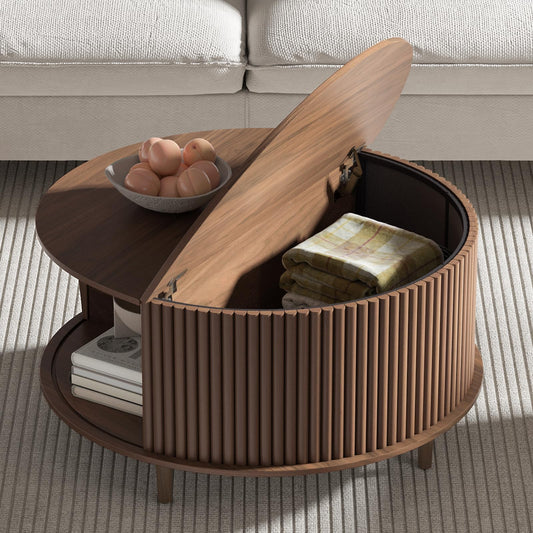 JOINICE,Round Coffee Table with Storage,Fluted Center Table with Sliding Cabinet Door for Living Room,Home Small Space,31.5" Small Center Table,Walnut