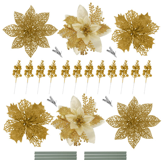 SJL 66 Pcs 3 Styles Christmas Glitter Poinsettia Flowers Artificial Berry Picks Christmas Tree Ornaments Artificial Christmas Flowers with Clips for Xmas Wedding Wreath Floral Decorations (Gold)