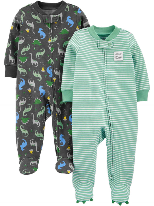 Simple Joys by Carter's Baby Boys' 2-Pack Cotton Sleep and Play, Dark Grey Dinosaur/Mint Green Stripe, 3-6 Months