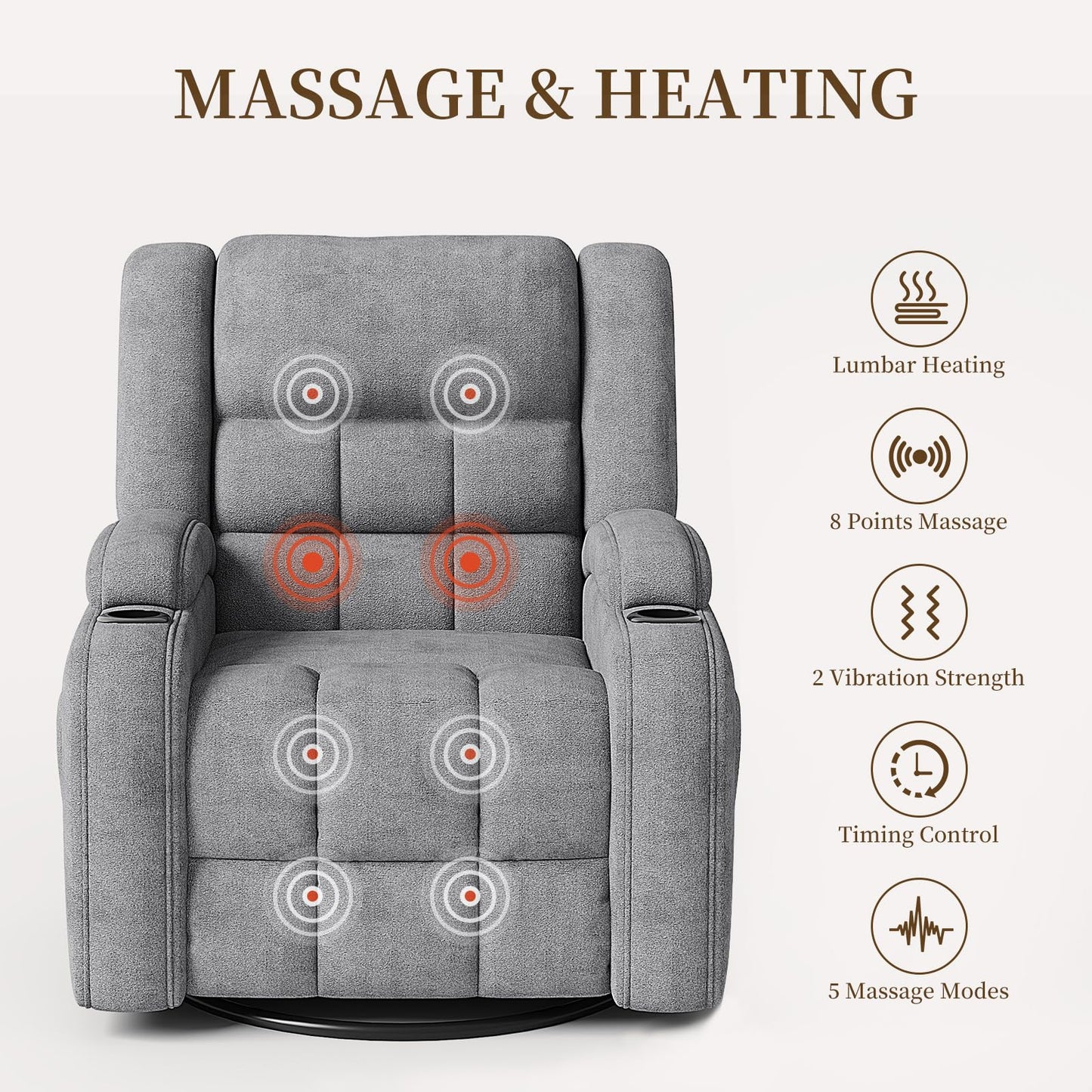 Furnimart 360° Swivel Rocker Recliner with Heat and Massage, Manual Comfy Recliner Chair for Adult, Chenille Glider Rocker Chaise Lounge for Living Room, Bedroom, Home Theater (Gray)