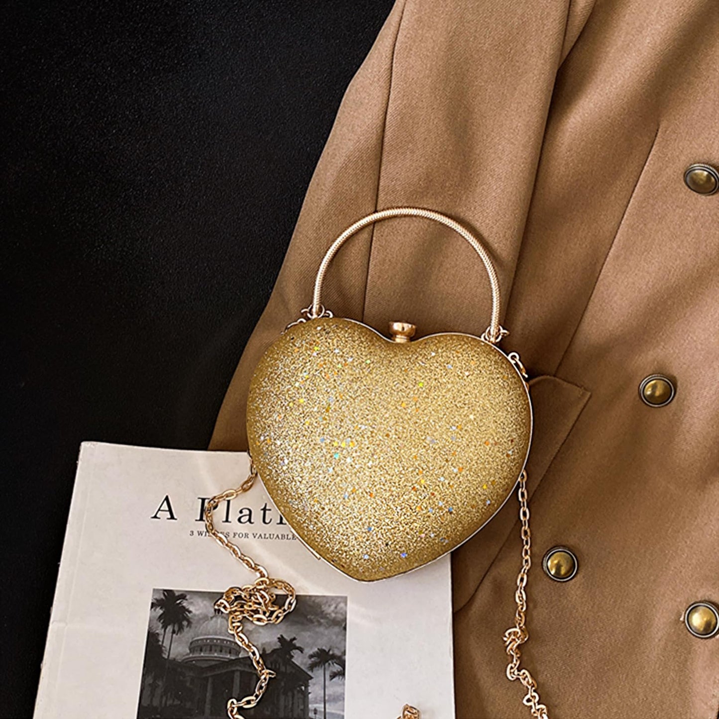 pfoosnd Sparkly Clutch Purses for Women Formal Clutch, Heart Shape Evening Bag, Purse Handbag for Wedding Cocktail Party (Gold)
