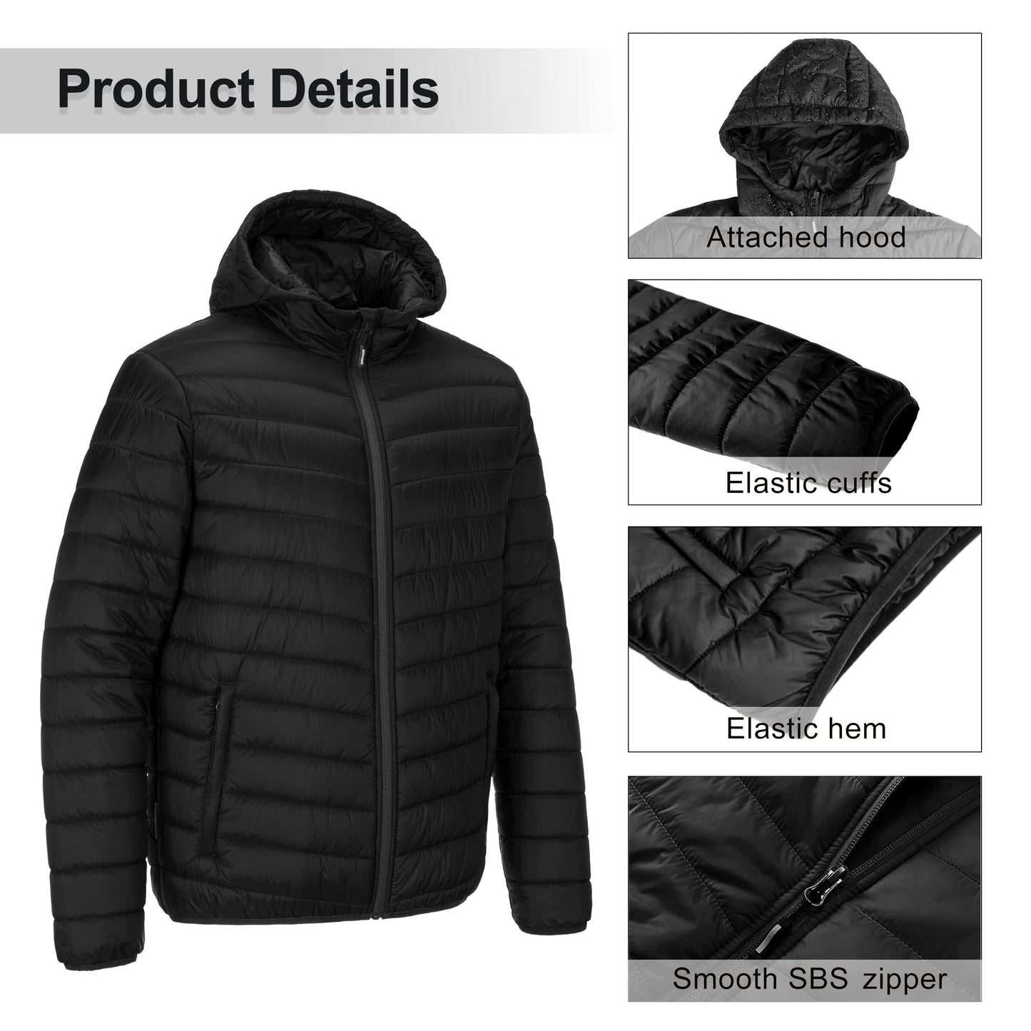 Outdoor Ventures Men's Lightweight Packable Hooded Puffer Jacket Insulated Winter Coat for Snow Ski Traveling