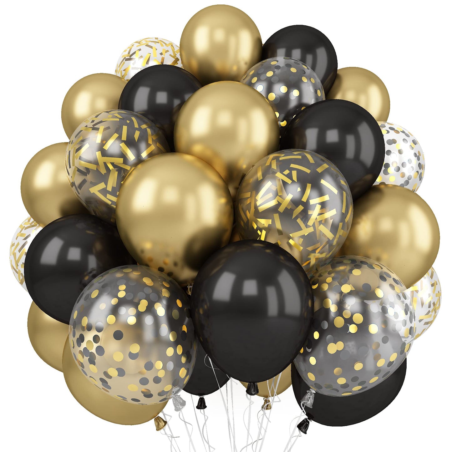 Balloons Black Gold, 60 Packs 12 Inch Black Metallic Chrome Gold Latex Balloons with Gold Confetti Balloon for Men Women Birthday Wedding Baby Shower Graduate Father's Day Anniversary Decorations