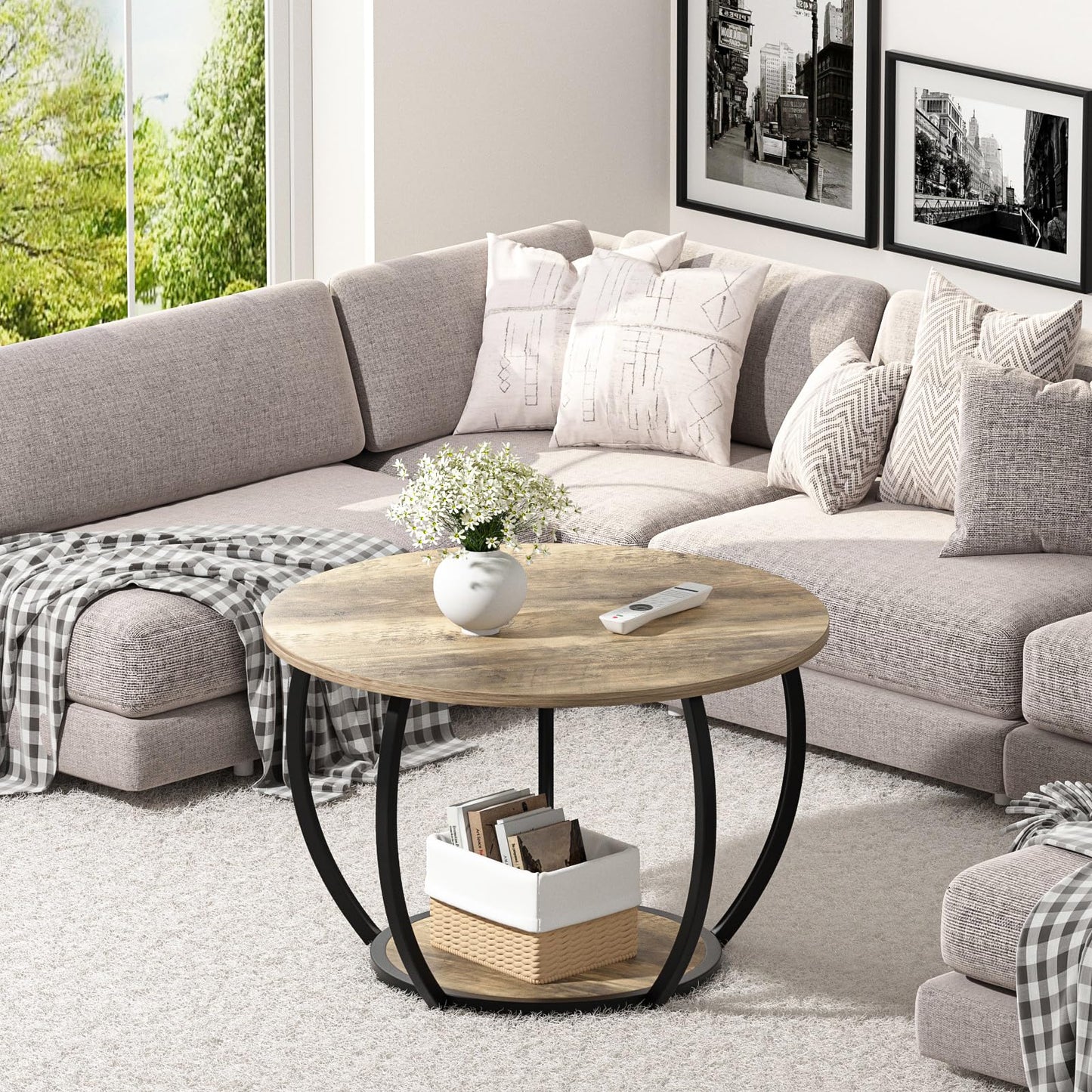 GreenForest Coffee Table Round for Living Room, 27.6 inch 2 Tier Small Tea Tables with Storage, Farmhouse Center Table with Adjustable Feet, Grey Wash