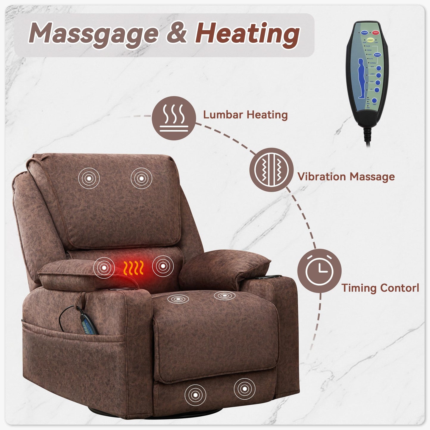 YOCONYO Massage Recliner Chair, Swivel Rocker Recliner with Heat and Vibration, 360 Swivel Manual Single Reclining Sofa with Cup Holder for Adults (Brown)