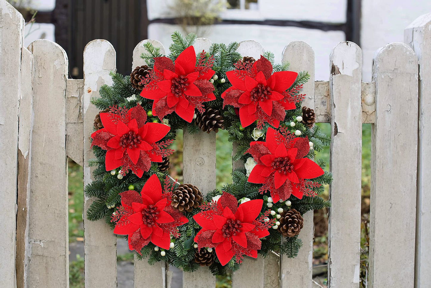 RECUTMS 10 PCS Red Glitter Poinsettia Flowers Christmas Tree Ornaments Fake Christmas Flowers Artificial Christmas Flowers Decorations Wedding Xmas Tree New Year Ornaments Wreath Decoration(Red)