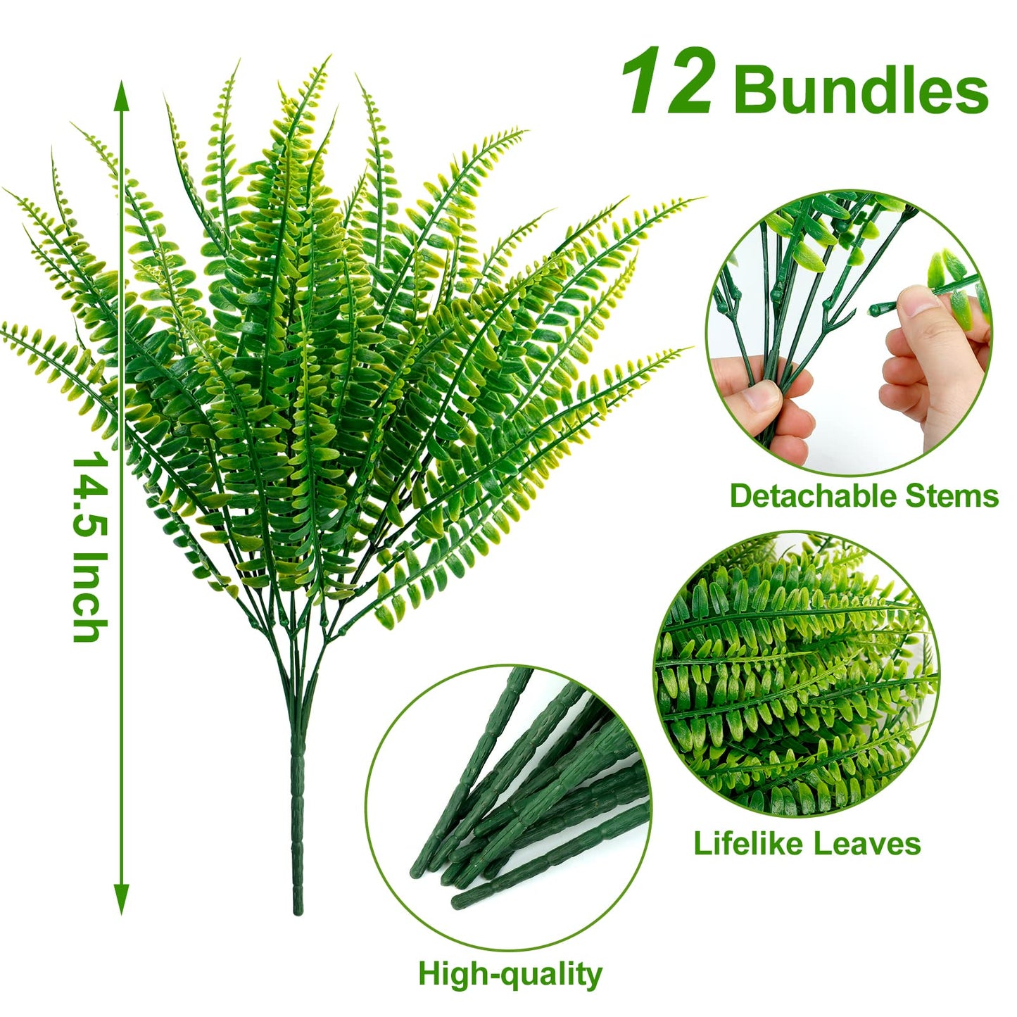Ouddy Decor 12 Bundles Artificial Boston Ferns Artificial Plants Outdoor Greenery Stems Faux Shrubs UV Resistant for Garden Front Porch Table Window Box Home Decorations