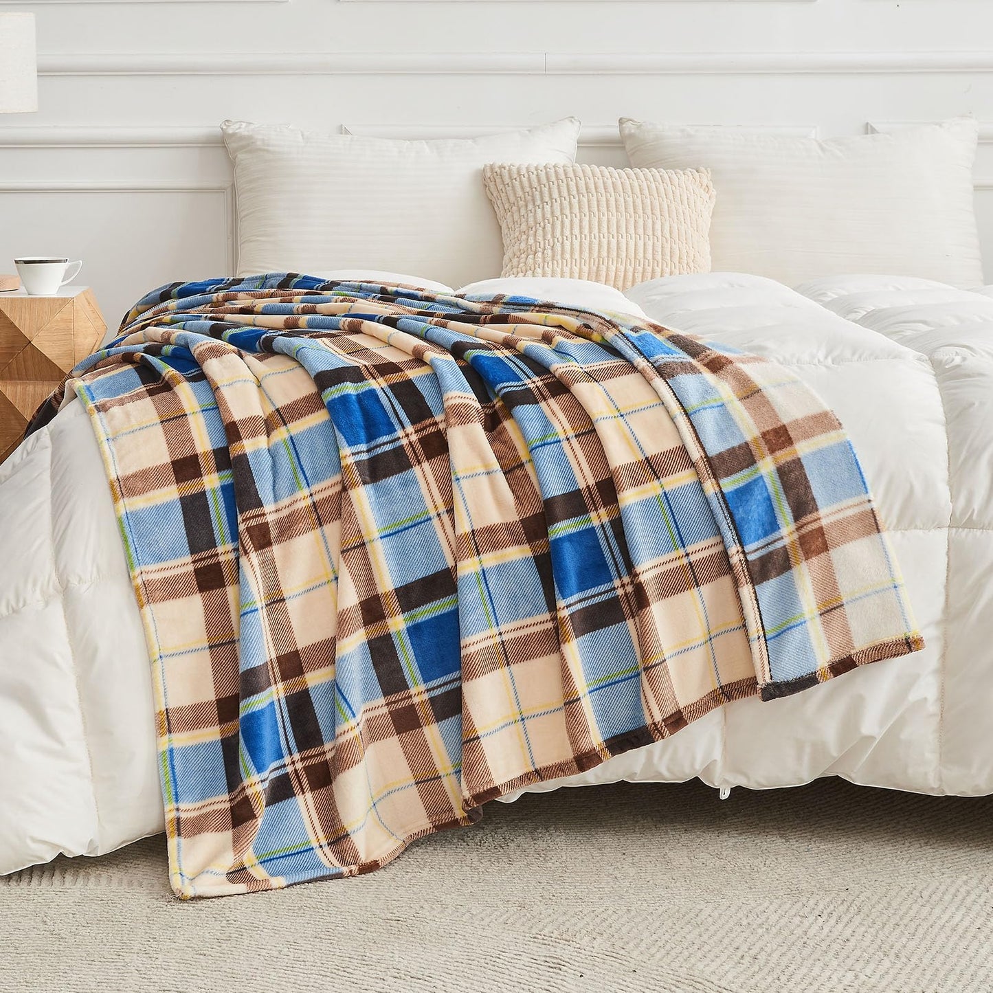 Gogreen Cozy Flannel Blanket Printed -Twin Size Bed Blanket for Home Decoration - Ultra Soft, Lightweight, Microfiber Throws (Thorw - 50" x 60", Blue Brown Plaid)