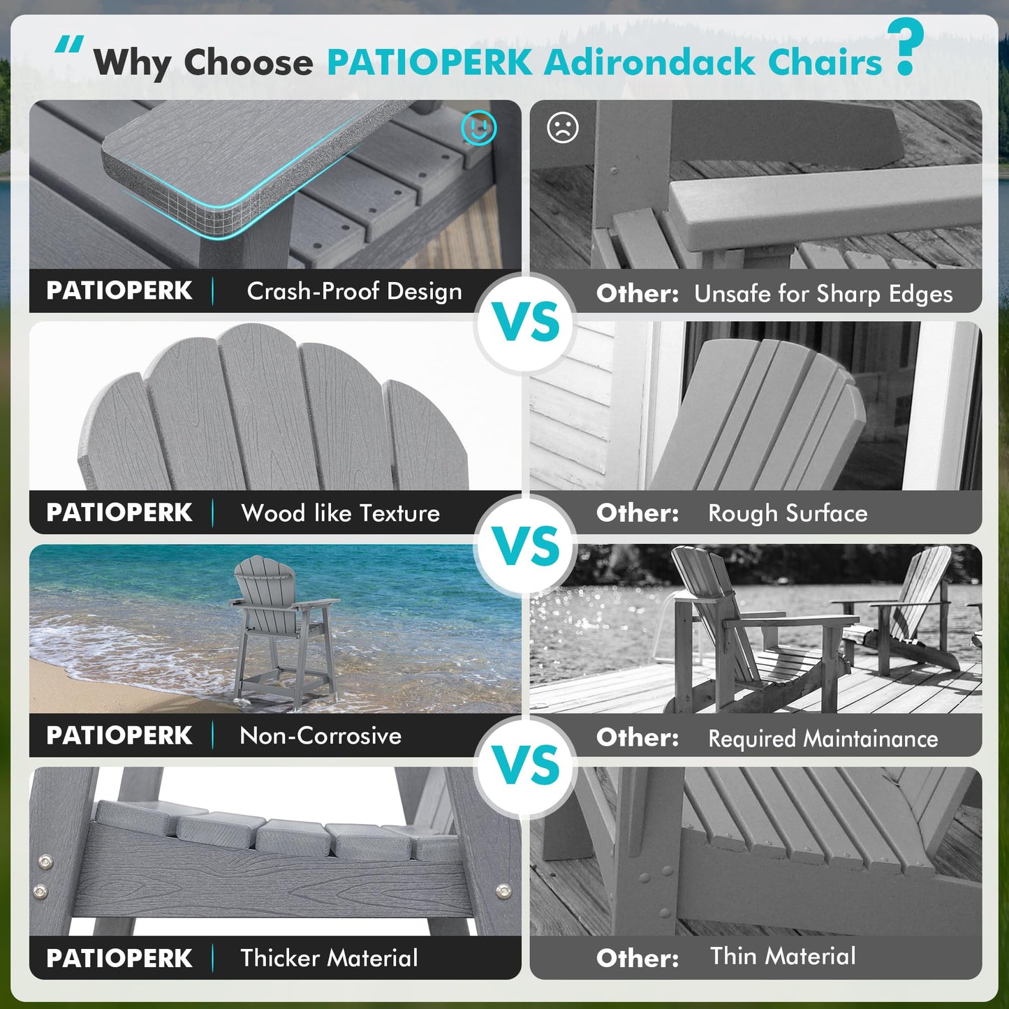 PatioPerk Tall Adirondack Chair Set of 2 with Double Connecting Tray, Recycled HDPE with Wood Grain, Weather Resistant, Outdoor Adirondack Chairs for Deck, Balcony, Patio, Backyard, Light Grey