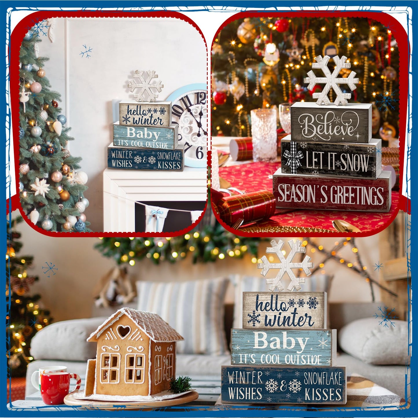 Moucuny 4 Pcs Winter Decorations for Home Reversible Christmas Winter Table Sign Wooden Snowflake Decoration Double Side Christmas Tiered Tray Decor Holiday Table Centerpiece for Xmas Home Decor