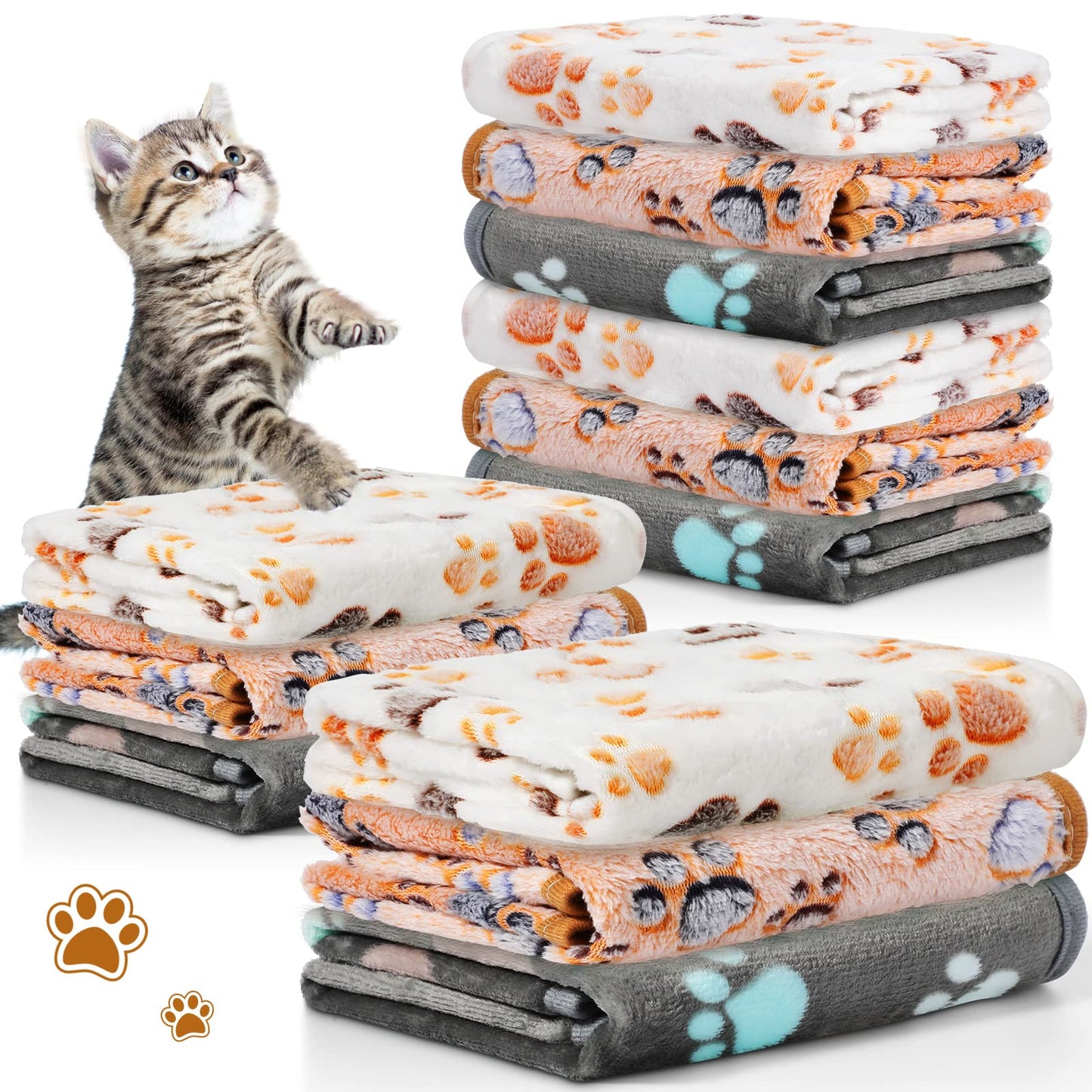Tegeme 12 Pieces Pet Blanket Soft Fleece Dog Fluffy Doggie Warm Felt Throw Spring Cute Paw Print Puppy Kitten Sleep Mat Bed Covers for Cat(23 x 16 Inch,Dark Gray, White, Camel)