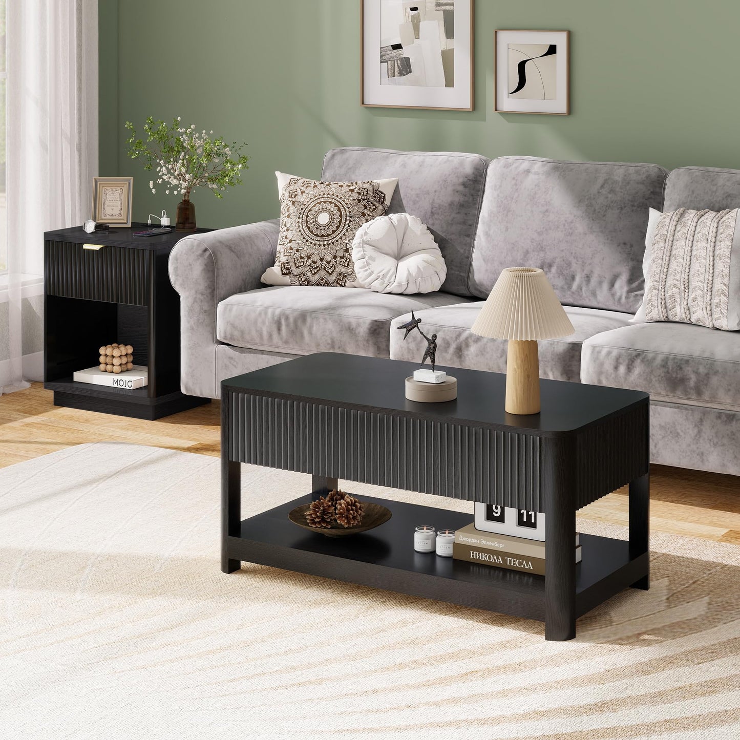 Nasonet Lift Top Coffee Table with Storage, Mid Century Modern Coffee Table with Hidden Compartment, Fluted Wood Center Table for Small Space, Living Room, Home Office(Black)