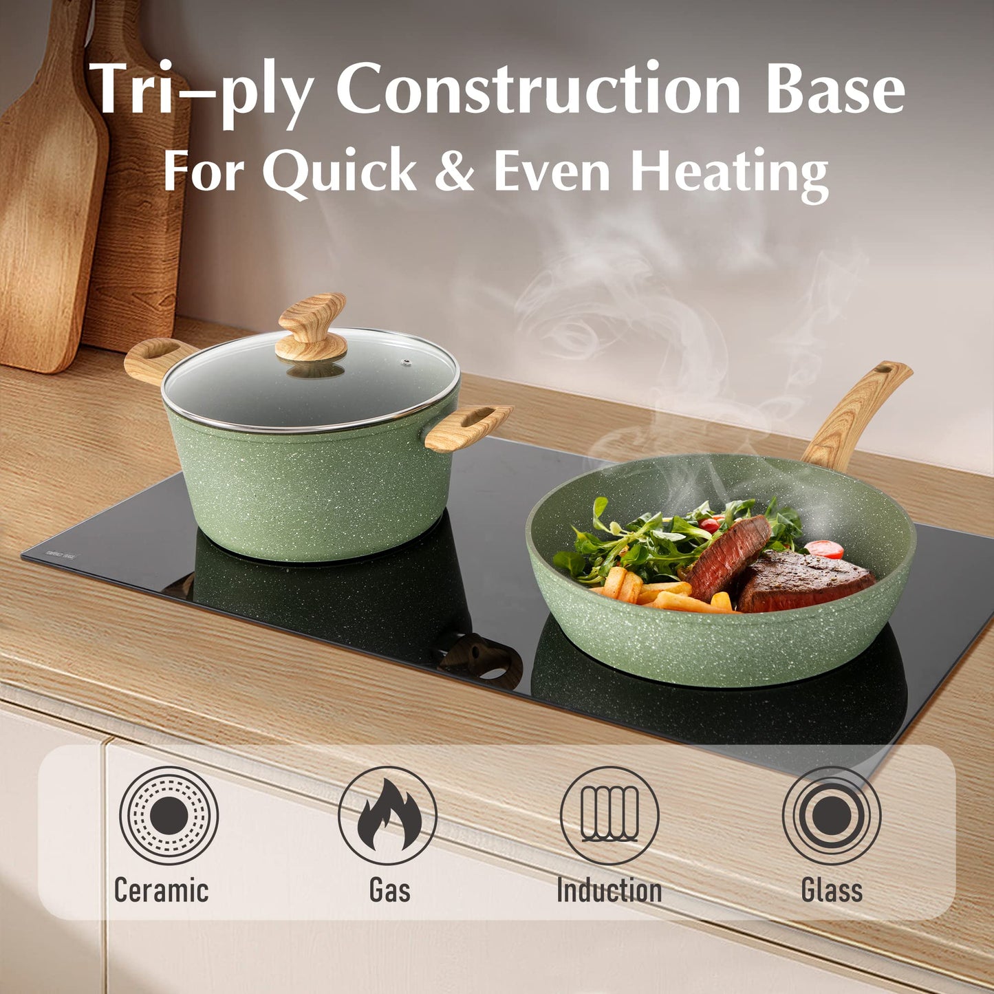 MAISON ARTS Pots and Pans Set Non Stick, 12 Piece Green Granite Kitchen Cookware Induction Compatible, Pot and Pan Sets for Cooking Nonstick