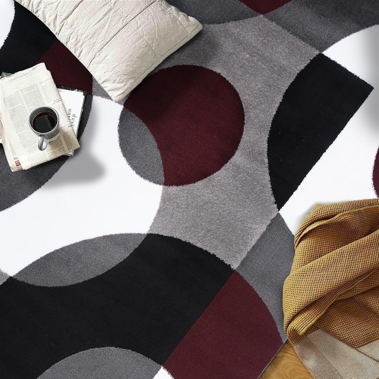 Rugshop Modern Circles Carpet Easy Maintenance for Home Office,Living Room,Bedroom,Kitchen Soft Area Rug 5'3" x 7'3" Burgundy