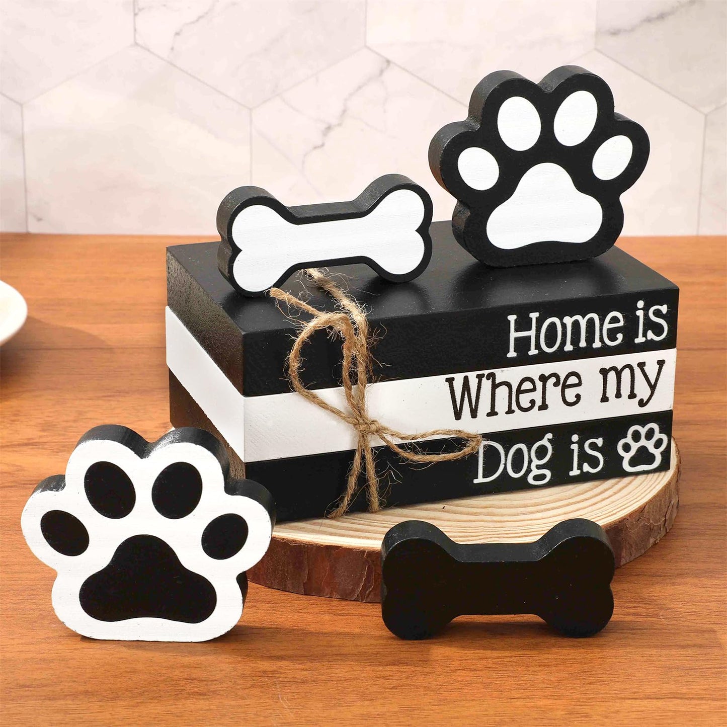 Whaline 7Pcs Dog Wooden Tiered Tray Decor Faux Stacked Books Dog Paw Bone Decorative Table Centerpiece Block Signs for Party Home Room Kitchen Dining Table Shelf Decoration