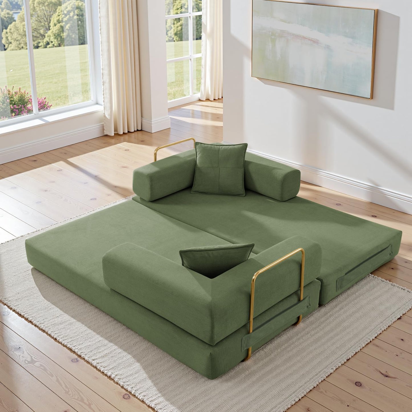ivoros Folding Sofa Bed, Convertible Sleeper Sofa Bed with Gold Fixed-Shape Frame, Corduroy Floor Couch, Lazy Compression Sofa for Living Room, Bedroom, Home Theater, Green