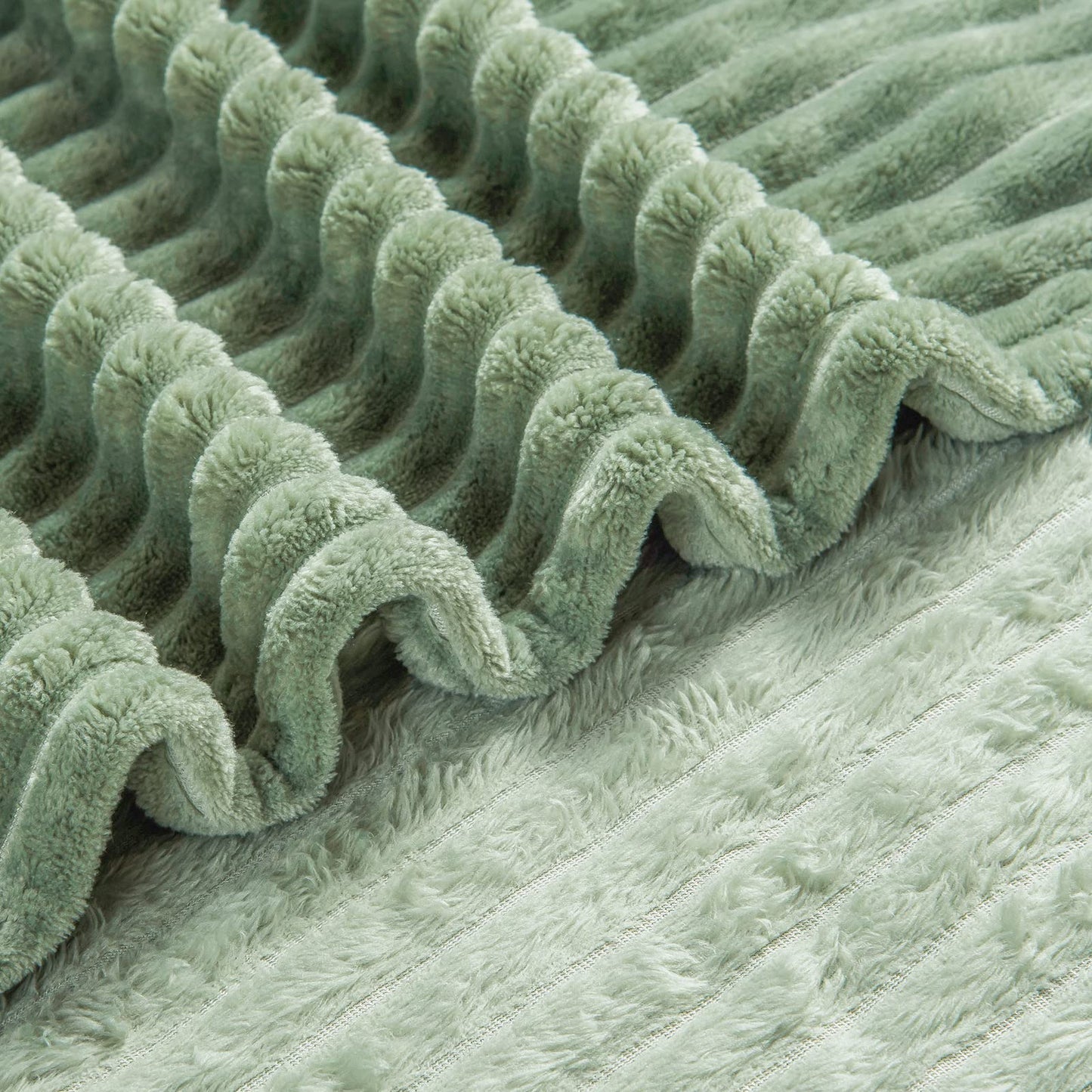 Bnuitland Sage Green Flannel Throw Blanket,300GSM Super Soft Fleece Stripe Pattern Sofa Blanket for Adults and Kids, Lightweight Cozy Bed Throw for Home Decor All Season