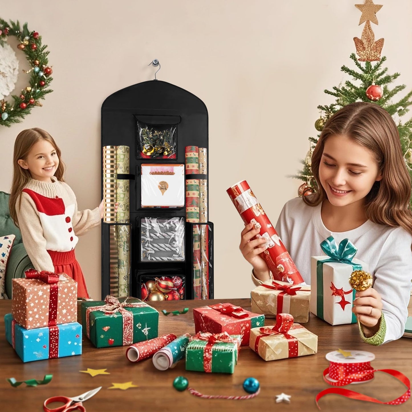 Woodoulogy Hanging Gift Wrapping Paper Storage, 40"X17" Black Double-Sided Christmas Wrapper Bag Container, Oxford Craft Roll Organizer, Present Wrap Holder for Bedroom Closet, Door, Cabinet