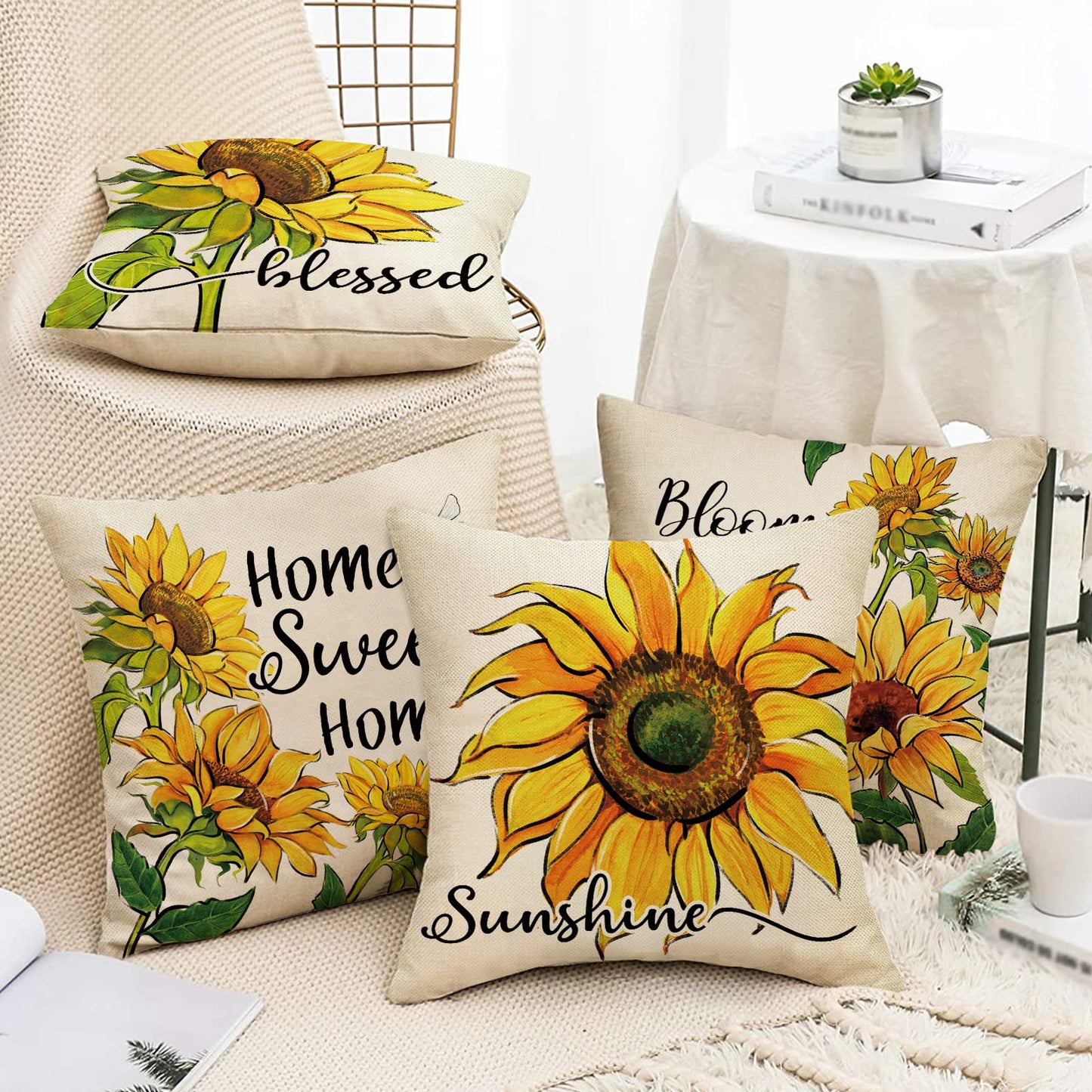 Fahrendom Sunflower Sunshine Decorative Throw Pillow Cover 18 x 18 Set of 4, Spring Summer Home Sweet Home Blessed Porch Patio Outdoor Pillowcase, Fall Autumn Flower Farmhouse Couch Cushion Case Decor