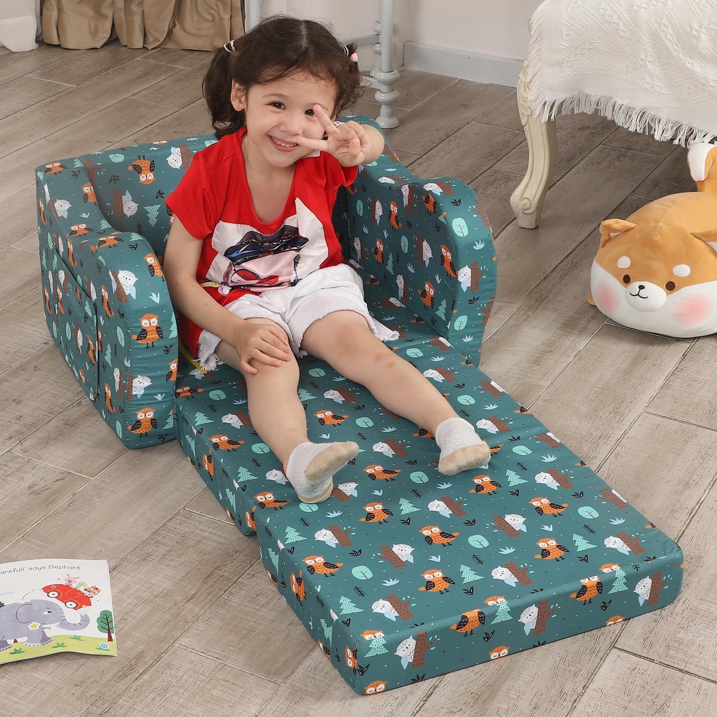 MOMCAYWEX Happy Owl Kids Sofa, 2-in-1 Kids Couch Fold Out, Convertible Sofa to Bed for Girls and Boys