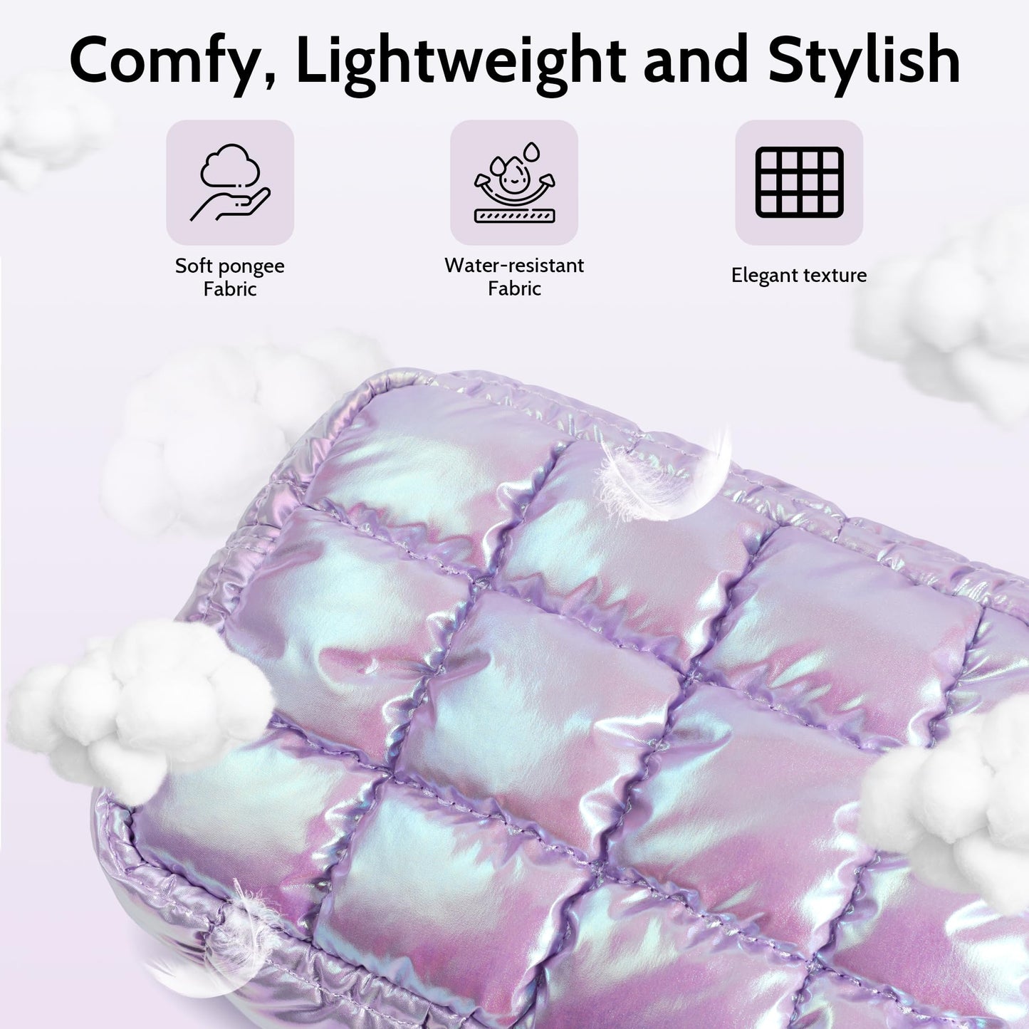 DOYOGI Quilted Cosmetic Bag, Puffer Makeup Bags, Crossbody Purses for women,Cute Travel Toiletry Bag for Women (Dazzling Light Purple)