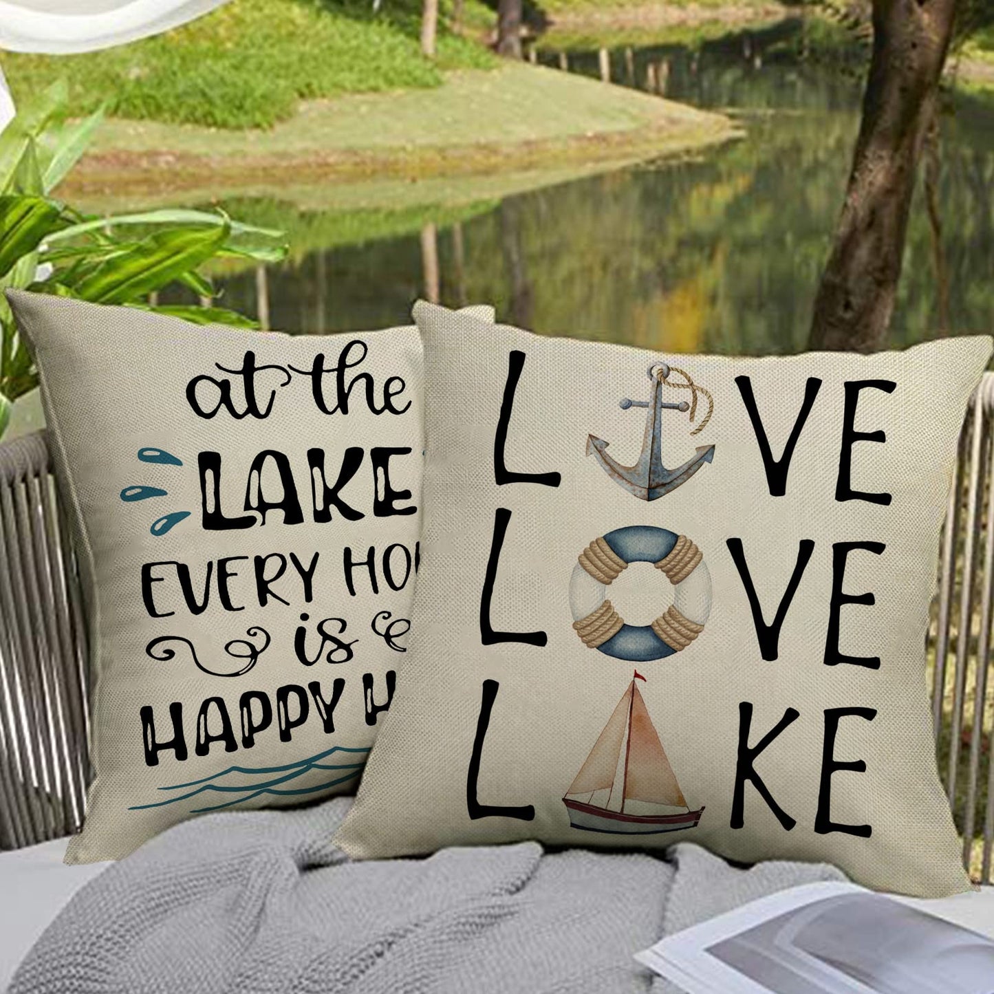 Softxpp Life is Better at the Lake House Decorative Throw Pillow Cover Set of 4, Farmhouse Paddles Anchor Lakehouse Cushion Case, Lakehouse Rustic Spring Summer Home Decoration Pillowcase Decors 18x18