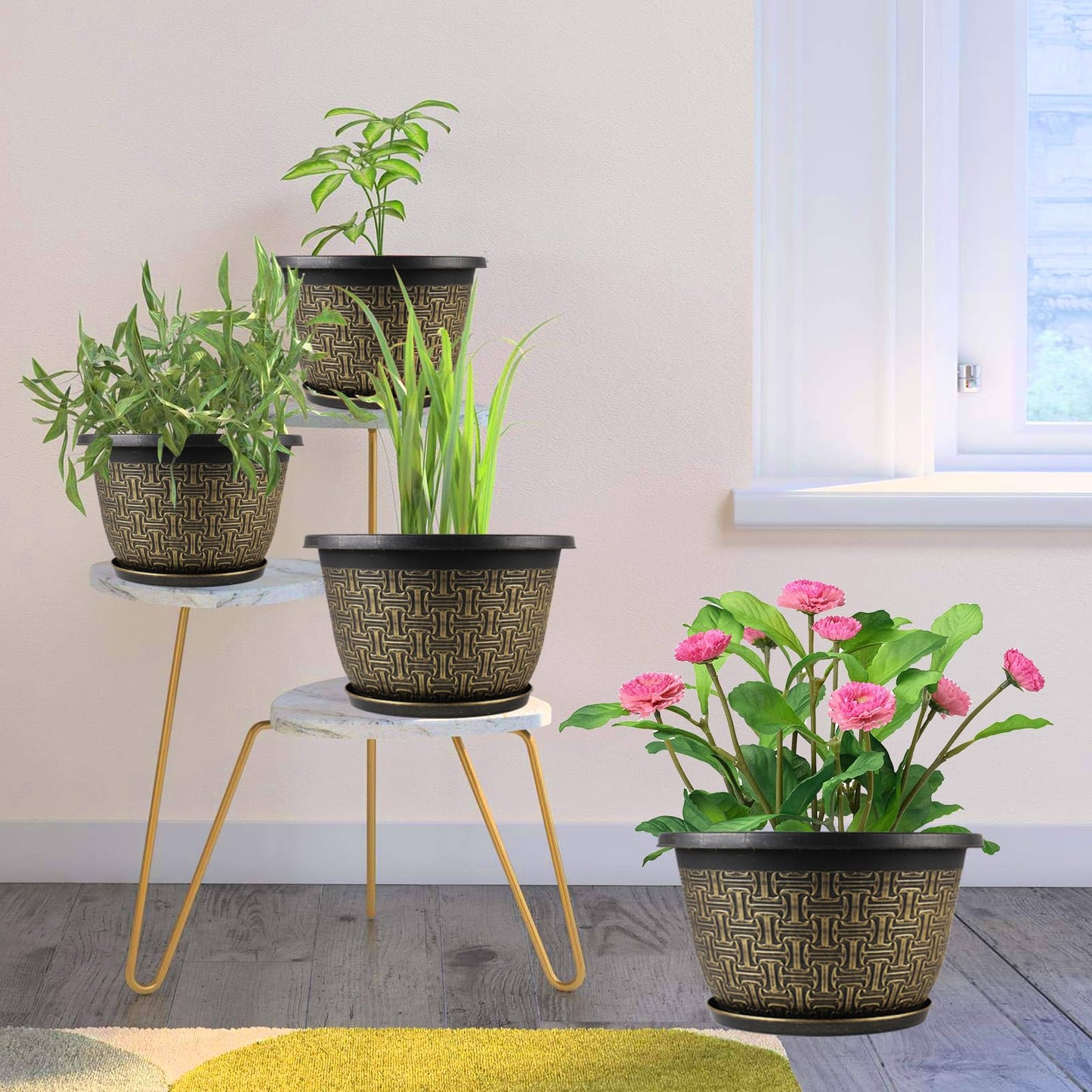 Nooulap 4 Pack 12 Inch Plant Pots,Large-Plant-Flower-Planters-Plastic, Flower Pots Outdoor Indoor with Drainage Holes & Trays, Retro Antique Imitation Decorative Garden Sets for Houseplants