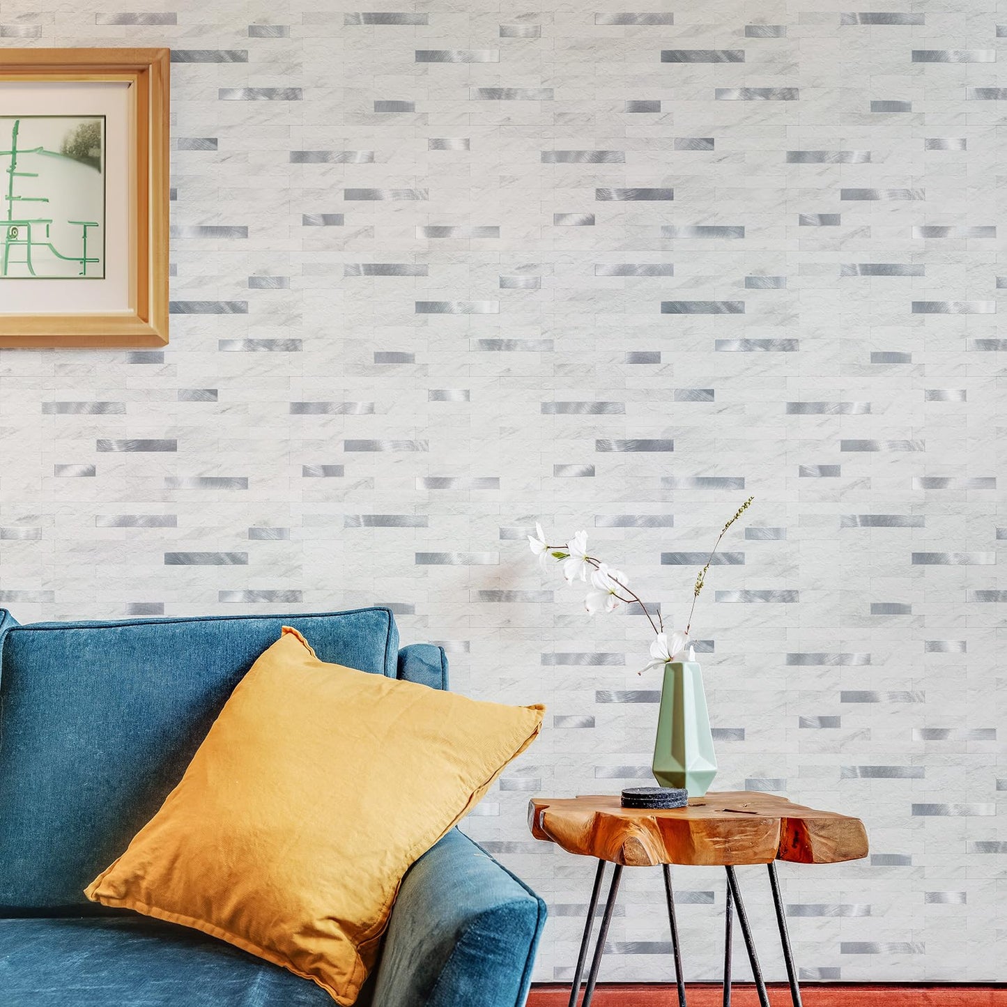 StyloVue 2 Sheets Peel and Stick Backsplash for Kitchen, White Marble with Metal Silver Look Stick on Tile Upgrade Your Kitchen Backsplash, RV, Fireplace