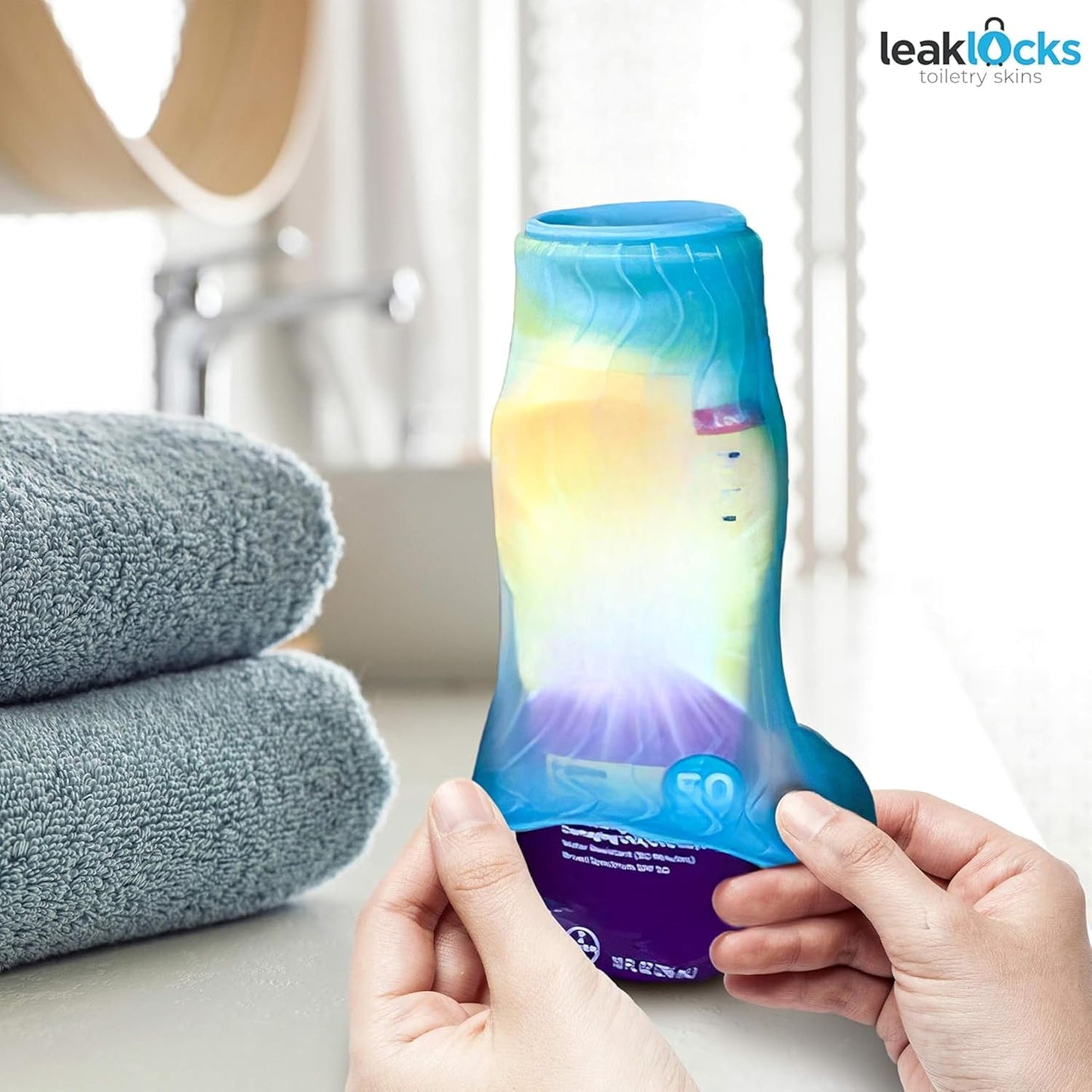 LeakLocks® Toiletry Skins™ Elastic Sleeve for Leak Proofing Travel Container in Luggage. For Standard and Travel Sized Toiletries. Reusable Accessory for Travel Bag Suitcase and Carry-on Luggage