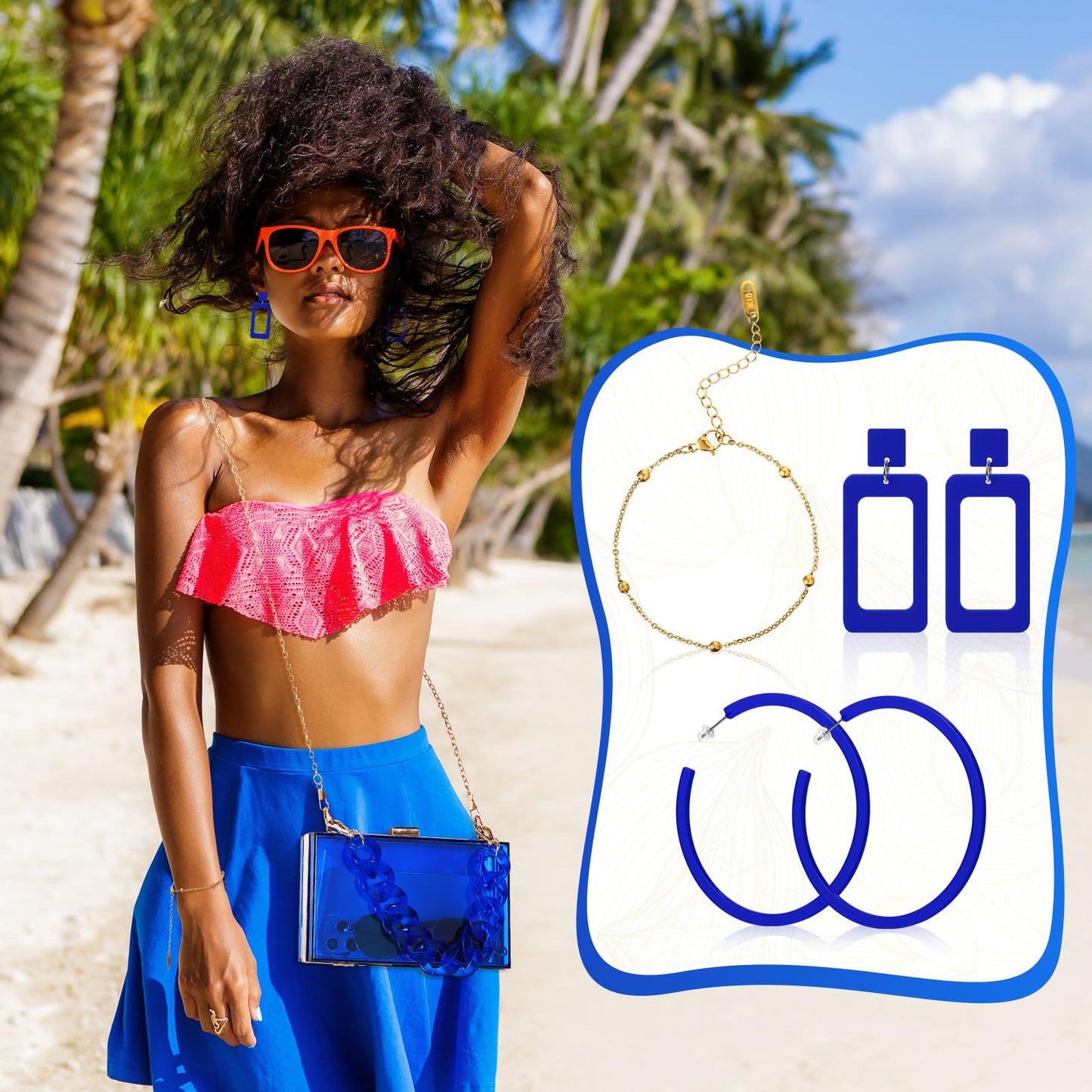 Jadive 4 Pcs Women Acrylic Hand Purse Clear Clutch Evening Bag Retro Earring Bracelet Jewelry Set Neon Vintage Wedding Gift(Blue)