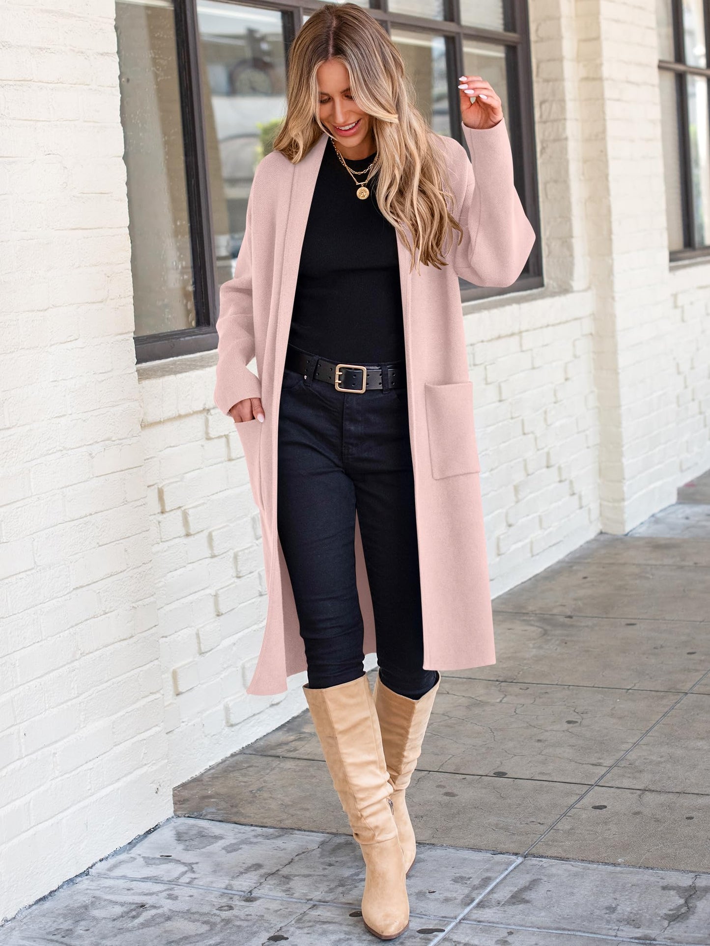 ANRABESS Women's Cardigan Long Sweater Oversized Open Front Knit Duster Coat 2025 Trendy Lady Fall Coatigan Outerwear Light Pink Medium