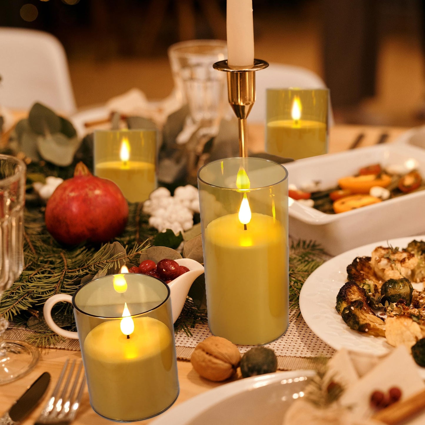 NICEME Amber Flickering Flameless Candles, Battery Operated Acrylic LED Pillar Candles with Remote Control and Timer Flameless Halloween Candles for Christmas New Year Home Decor, Set of 5