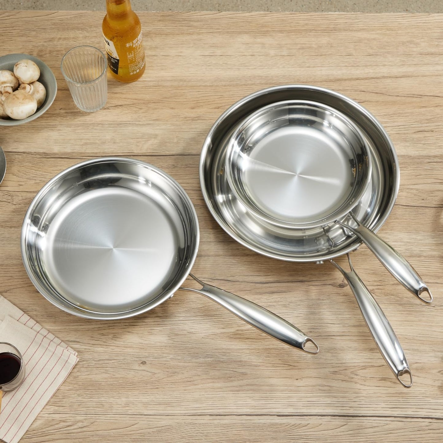 SanheKit 3pcs Stainless Steel frying pan set of 3, Tri-Ply Professional stainless steel, pans set, 8-10-12 Inch, Mirror Polished, Induction,Chef's Pans,Skillets,Dishwasher and Oven Safe.