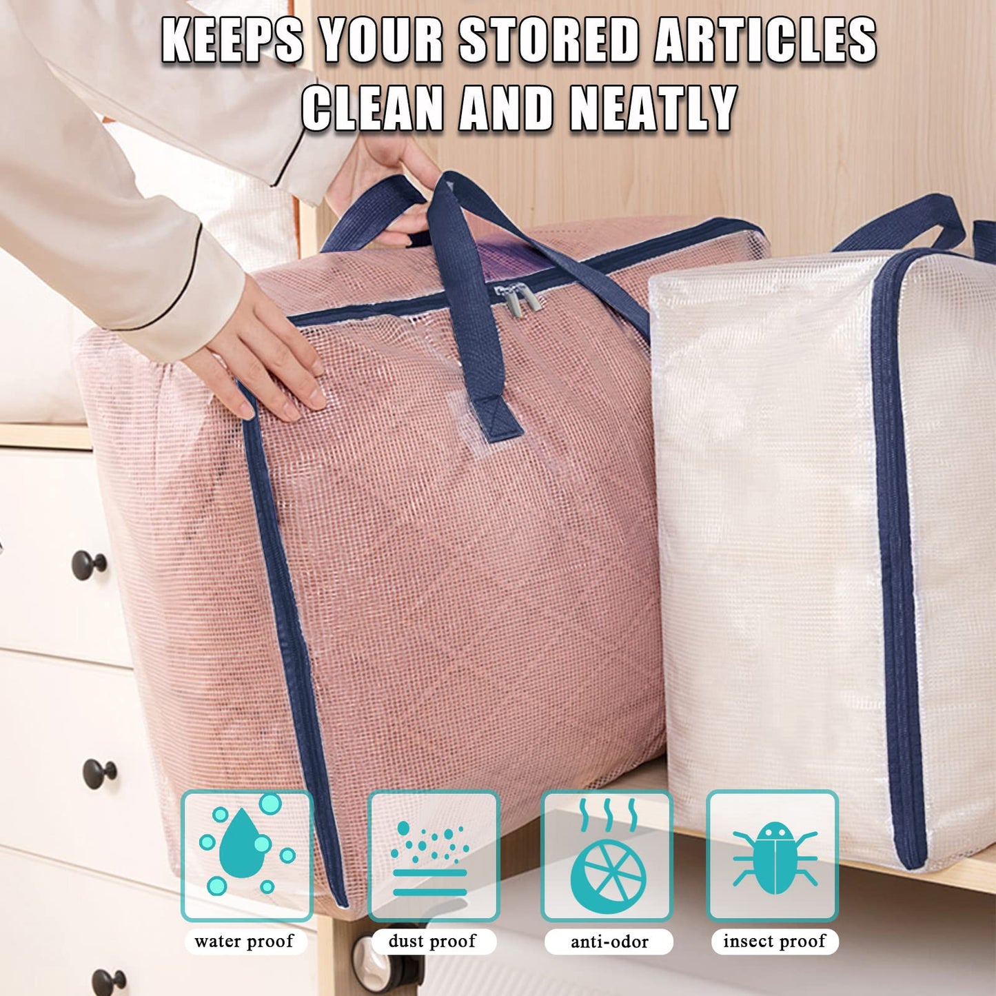 Ineetatu Clear Storage Bags with Zipper, 75L Extra Large Capacity - Closet, Underbed Storage Organizer for Clothes, Bedding, Comforter, Toys, Pillow & Blanket, 3 Pack