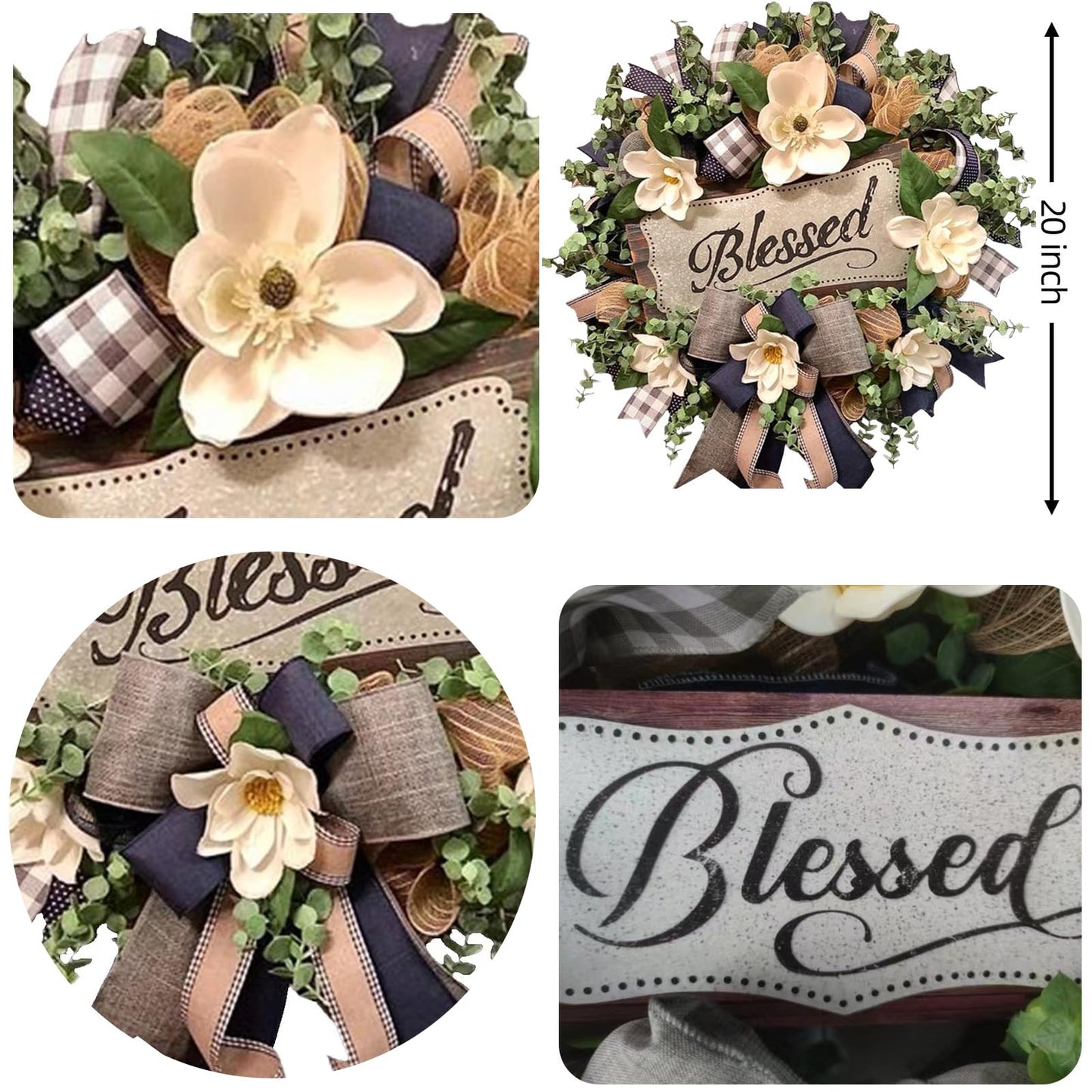 Spring Summer Wreath for Front Door,Farmhouse Magnolia Porch Decoration,Front Door Hanger,Housewarming Gift, Buffalo Plaid Year Round Wreath,Summer Home Decor