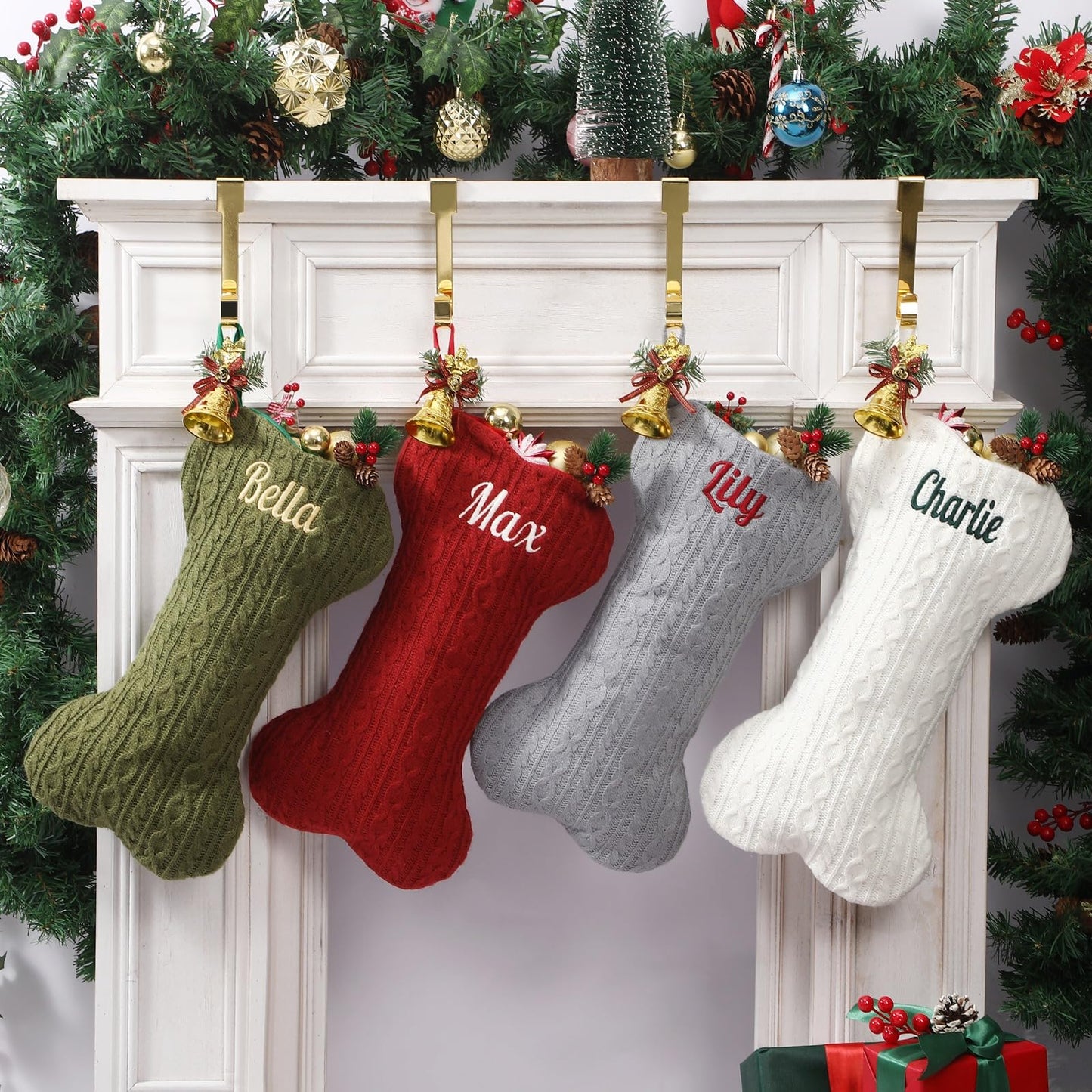 Tarwanear Personalized Dog Christmas Stocking,Large Bone Shape Cable Knit Custom Name Embroidered Pet Xmas Stockings,Christmas Decorations Fireplace Hanging Stockings Family Holiday Stockings(1 Pack)