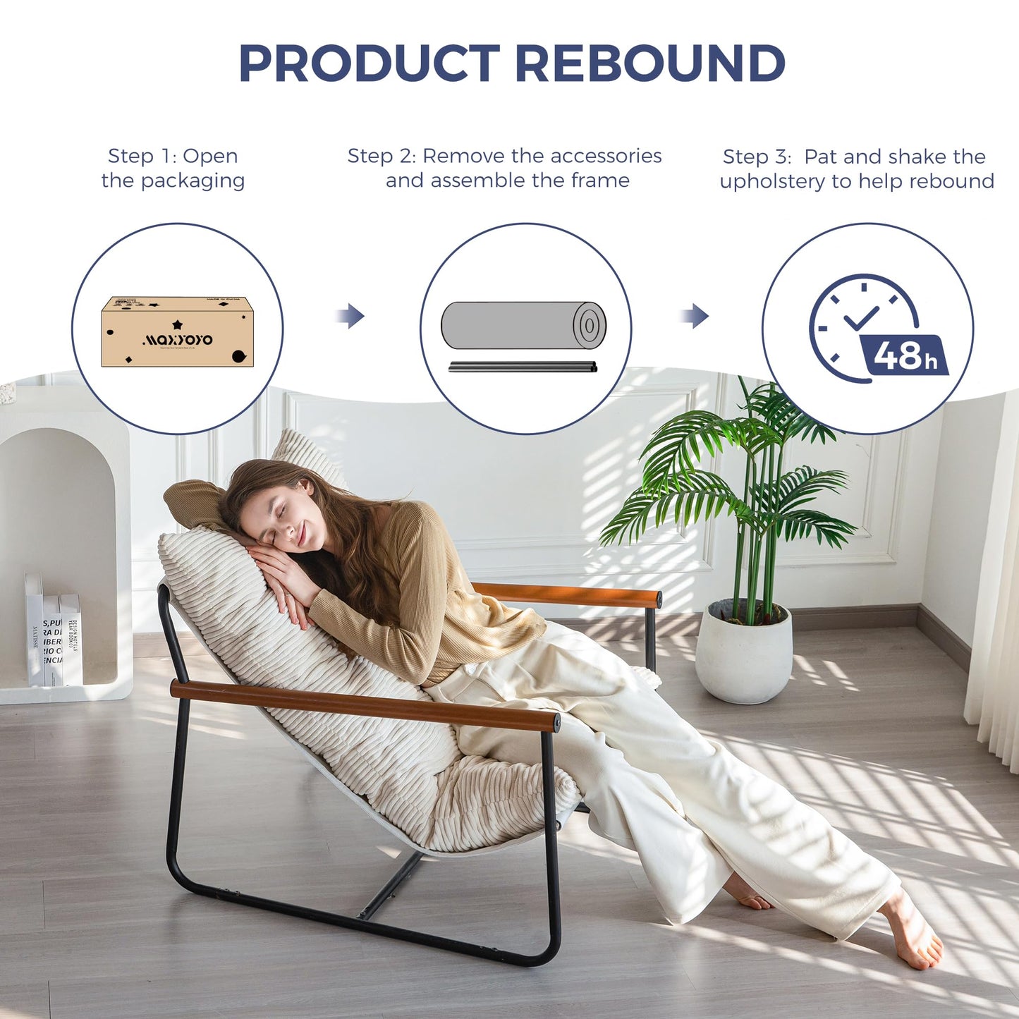 MAXYOYO Modern Accent Chair, Comfy Living Room Chair with Metal Frame Wooden Armrest, Upholstered Armchair with Soft Cushion for Bedroom Balcony Lounge Reading Room, Beige