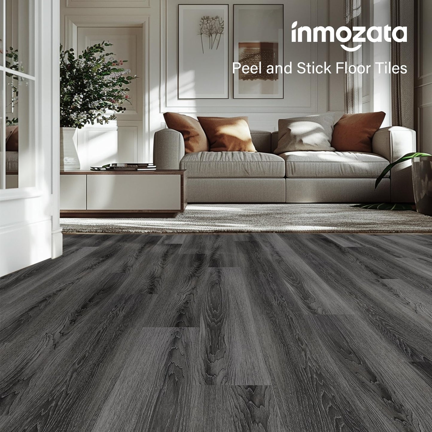 INMOZATA Peel and Stick Floor Tile Vinyl Flooring, Waterproof Vinyl Plank Flooring 36-Pack 54 Sq.Ft Wood Grain Self Adhesive Peel and Stick Flooring for Bedroom, Living Room, Kitchen, RV(Deep Gray)