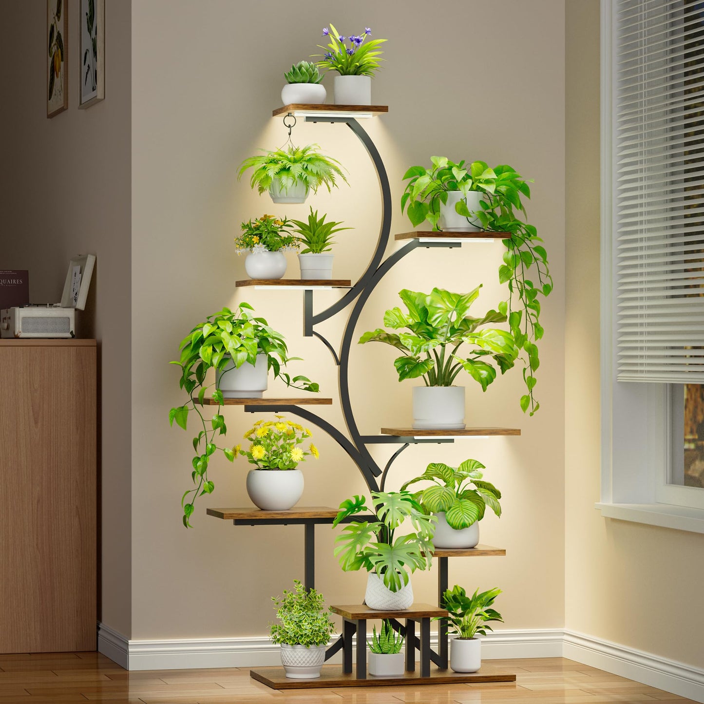 Plant Stand Indoor with Grow Light: Lighted Plant Stands 54.6" Tall, 9 Tiered Large Plant Shelf for Indoor Growing, S-Shaped Flower Holder Display for Multiple Plants, Living Room, Patio (Black)