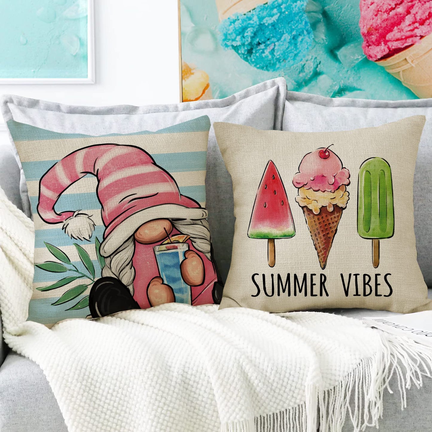 Fahrendom Hello Summer Vibes Gnome Decorative Throw Pillow Cover 18 x 18 Set of 4, Ice Cream Popsicle Juice Porch Patio Outdoor Pillowcase, Stripes Seasonal Farmhouse Couch Cushion Case Home Decor