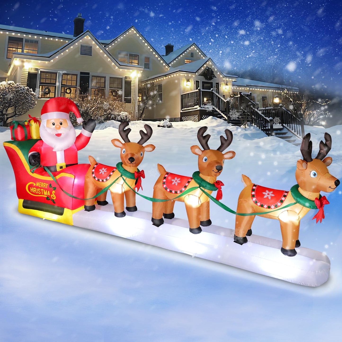 12 FT Christmas Inflatables Outdoor Decorations Santa Claus on Sleigh, Blow Up 3 Reindeers Pulling Santa's Sleigh with Gift Boxes, Built in LED Lights for Christmas Party Decor, Yard, Garden Lawn
