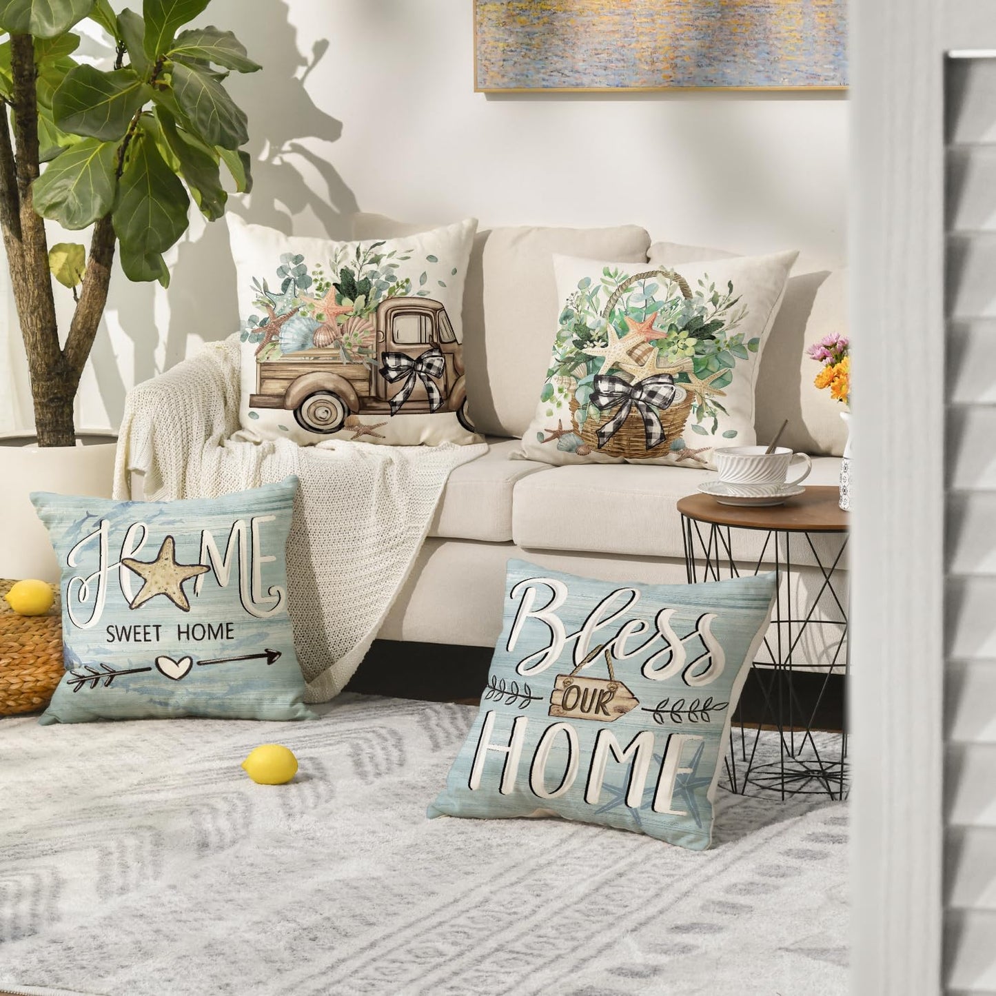 AVOIN colorlife Bless Our Home Eucalyptus Leaves Starfish Throw Pillow Covers, 18 x 18 Inch Seasonal Spring Summer Truck Home Sweet Home Cushion Case Decorations Set of 4