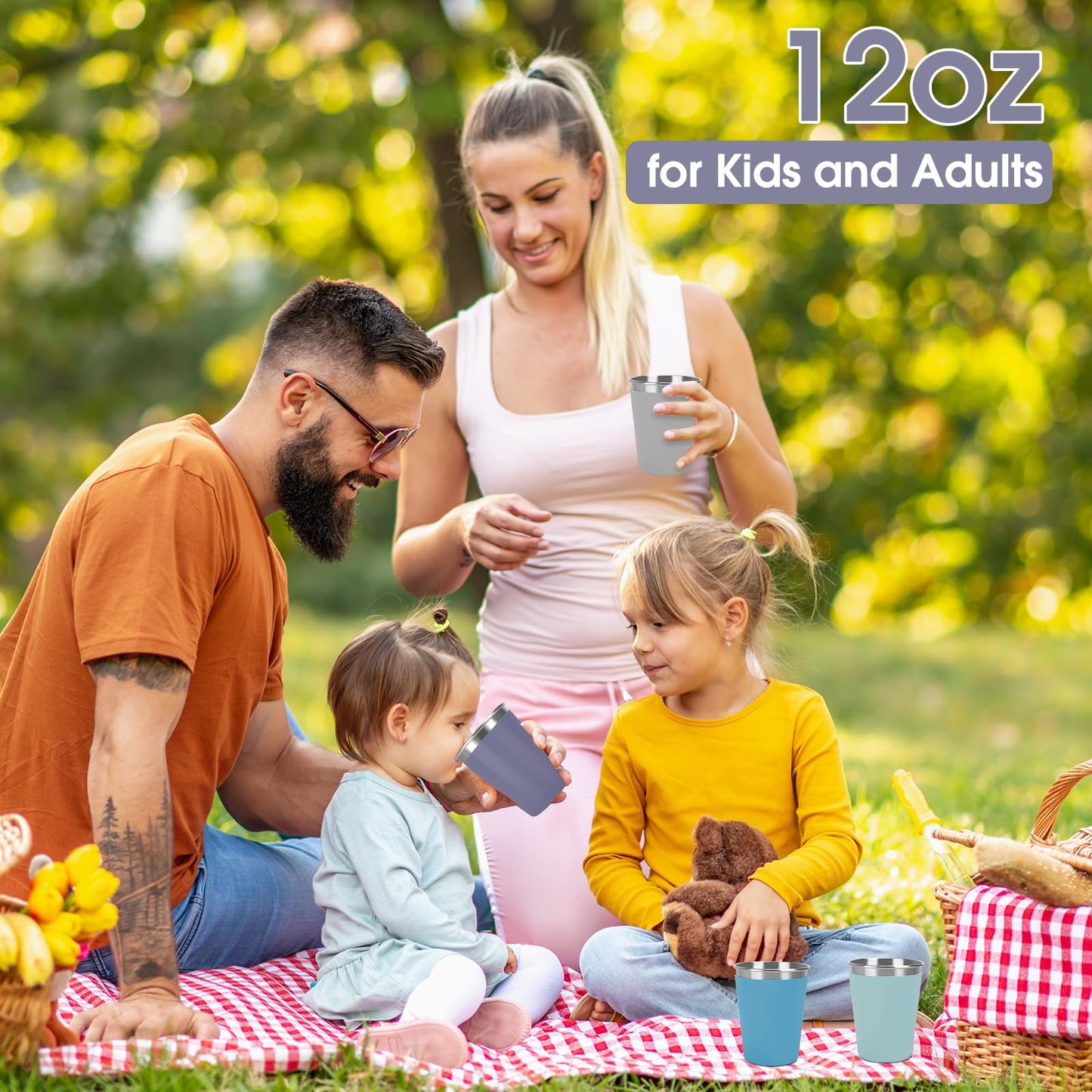 Vermida Stainless Steel Cups for Kids and Toddlers, 12oz Stackable Stainless Steel Kids Cups with Silicone Sleeves Sweat Proof, Unbreakable Metal Cups for Home & Outdoor, BPA Free (4 Pack)